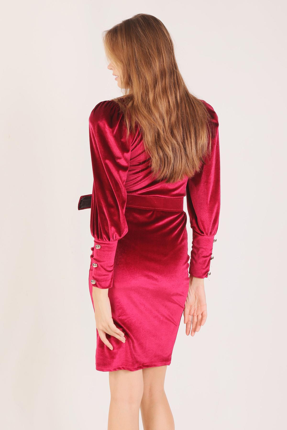 Bordo Bel Kemerli Balon Kol Elbise 1110 - 5