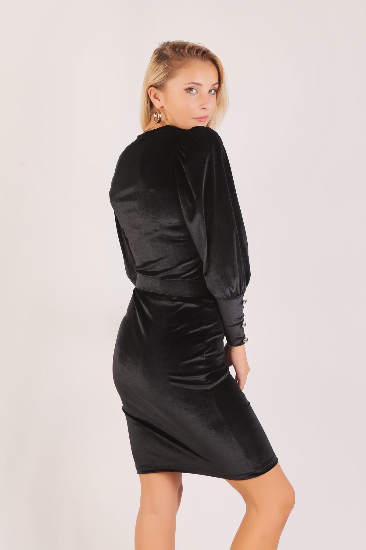 1110 Bel Kemerli Balon Kol Elbise Siyah - 4