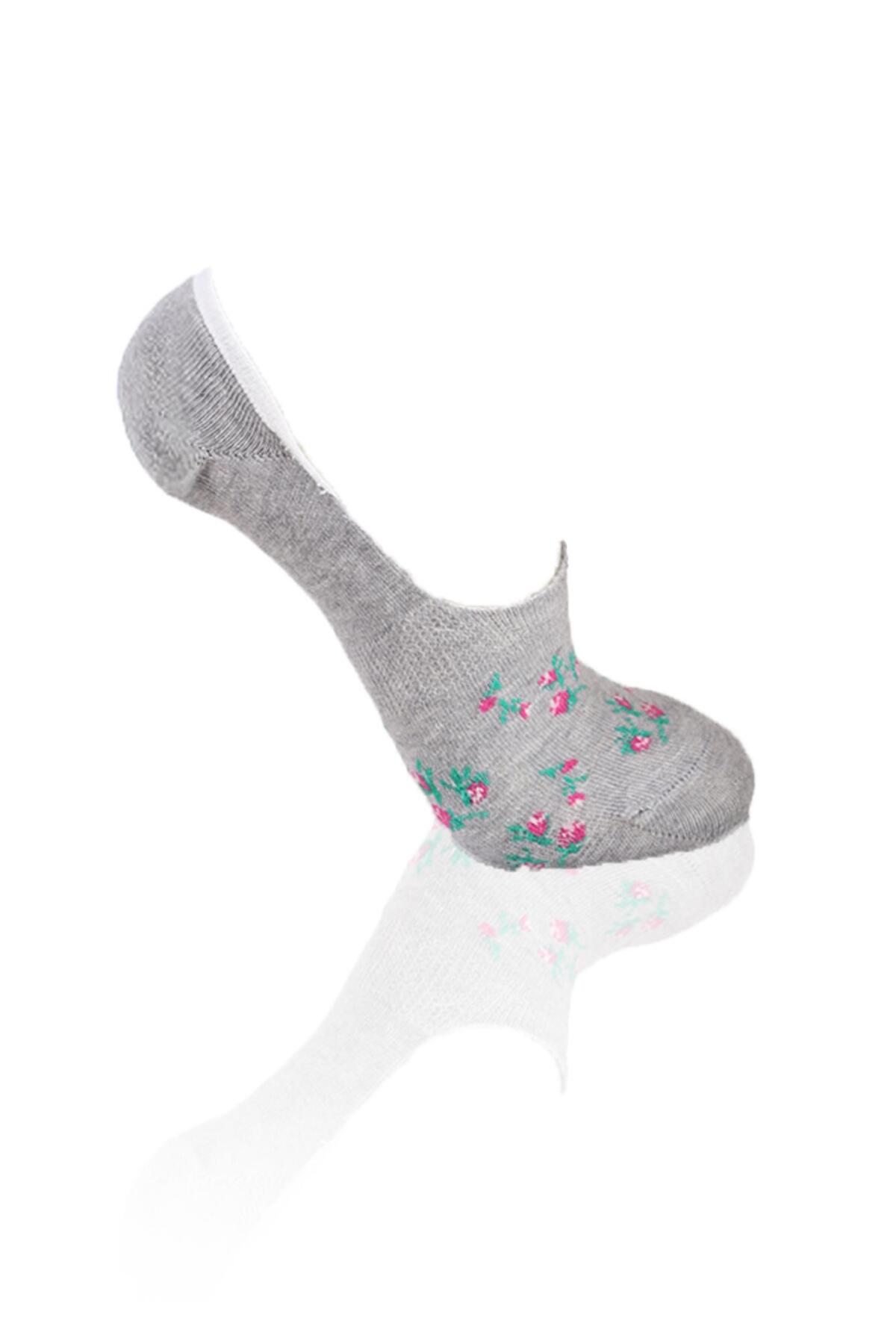 Ekru-Gri-Pembe Çiçek Desenli 3'lü Babet Çorap 1110 - 2