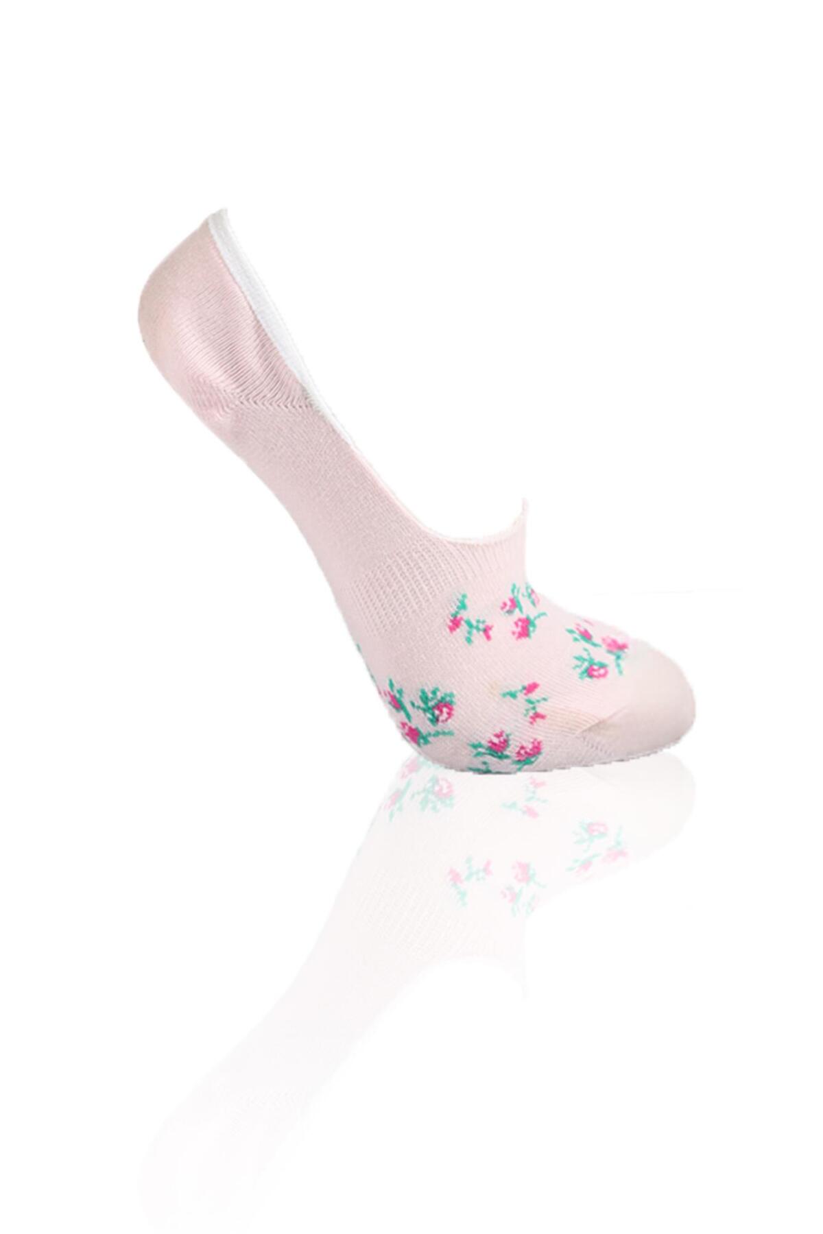 Ekru-Gri-Pembe Çiçek Desenli 3'lü Babet Çorap 1110 - 4