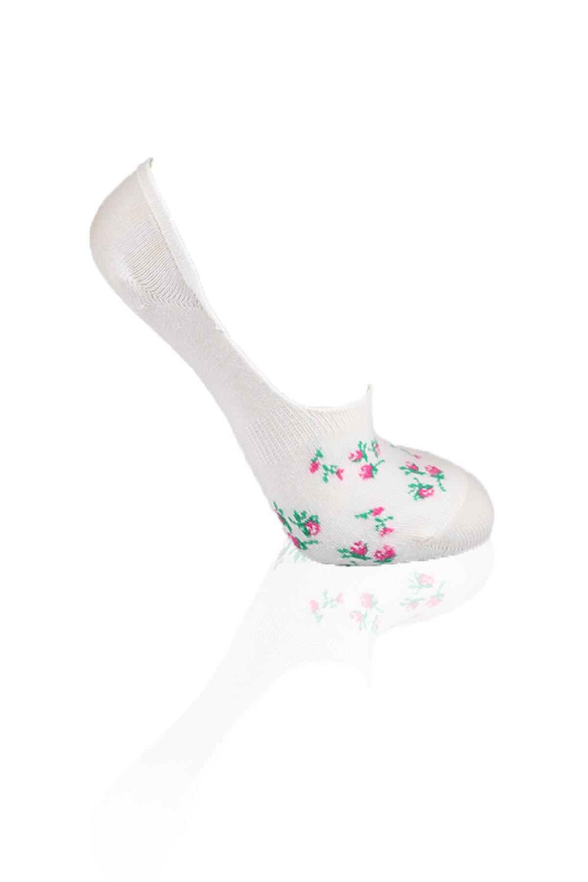 Ekru-Gri-Pembe Çiçek Desenli 3'lü Babet Çorap 1110 - 3