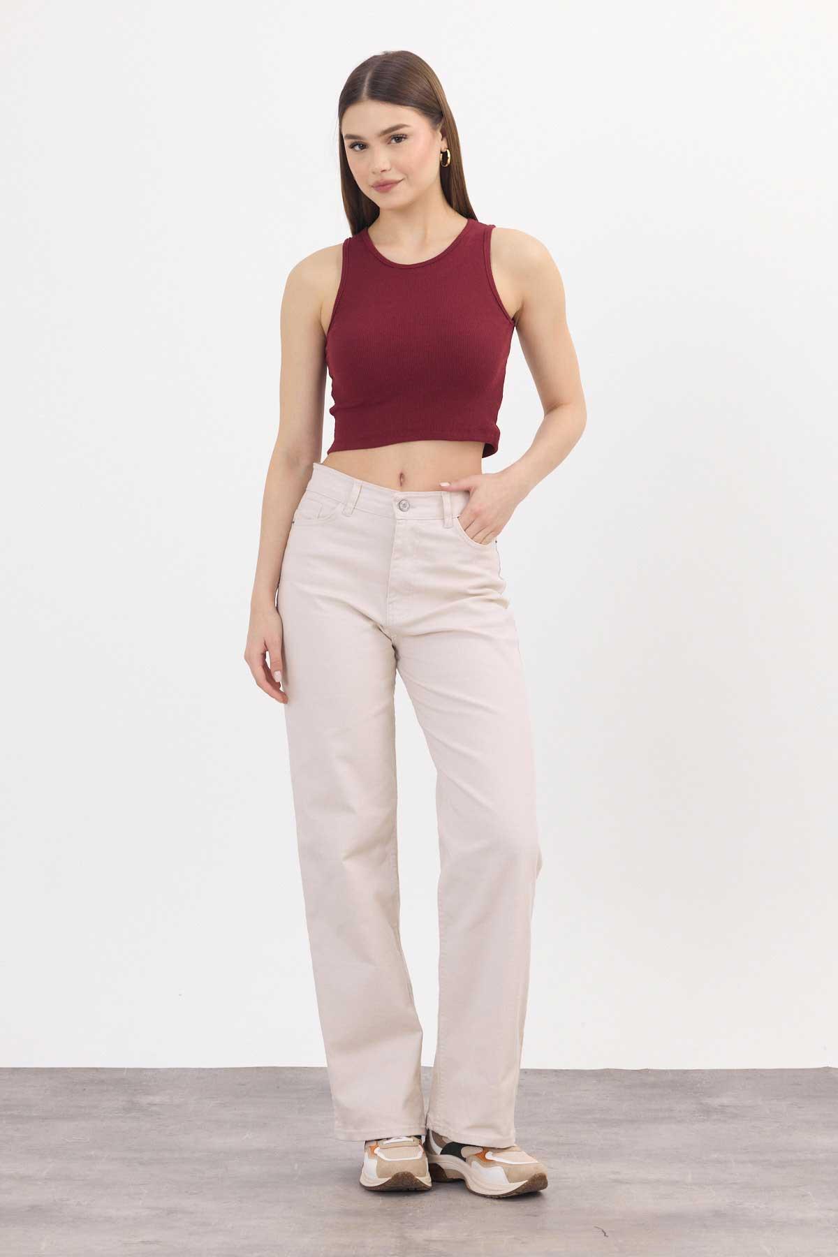 Bej Likralı Bol Paça Pantolon 11104 