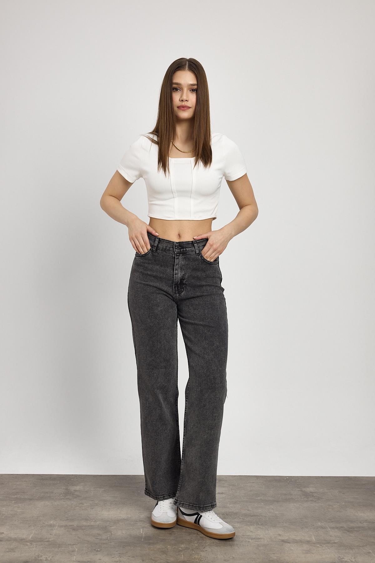 11104 Likralı Bol Paça Pantolon Füme - 1