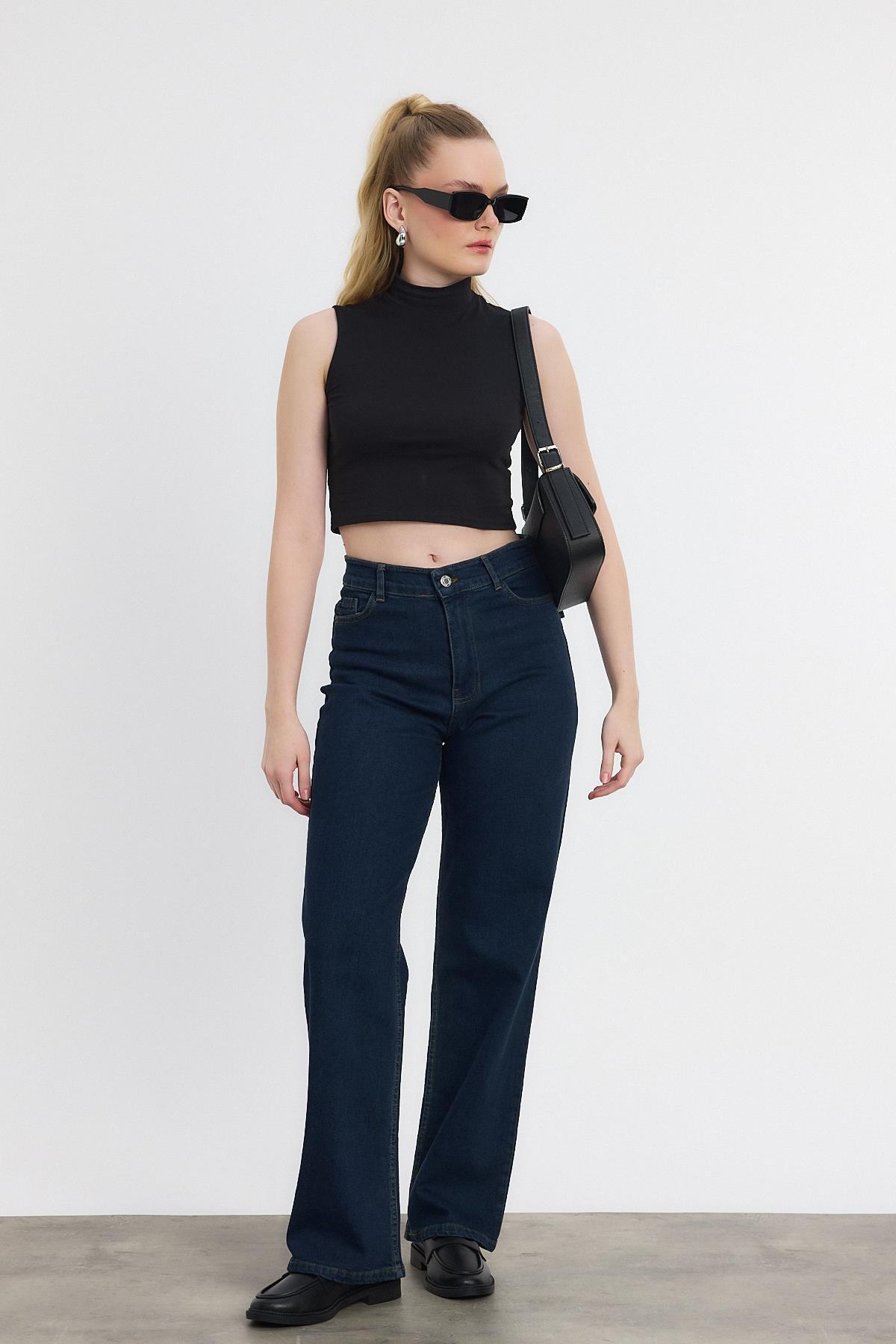 11104 Likralı Bol Paça Pantolon Koyu Mavi - RAYS