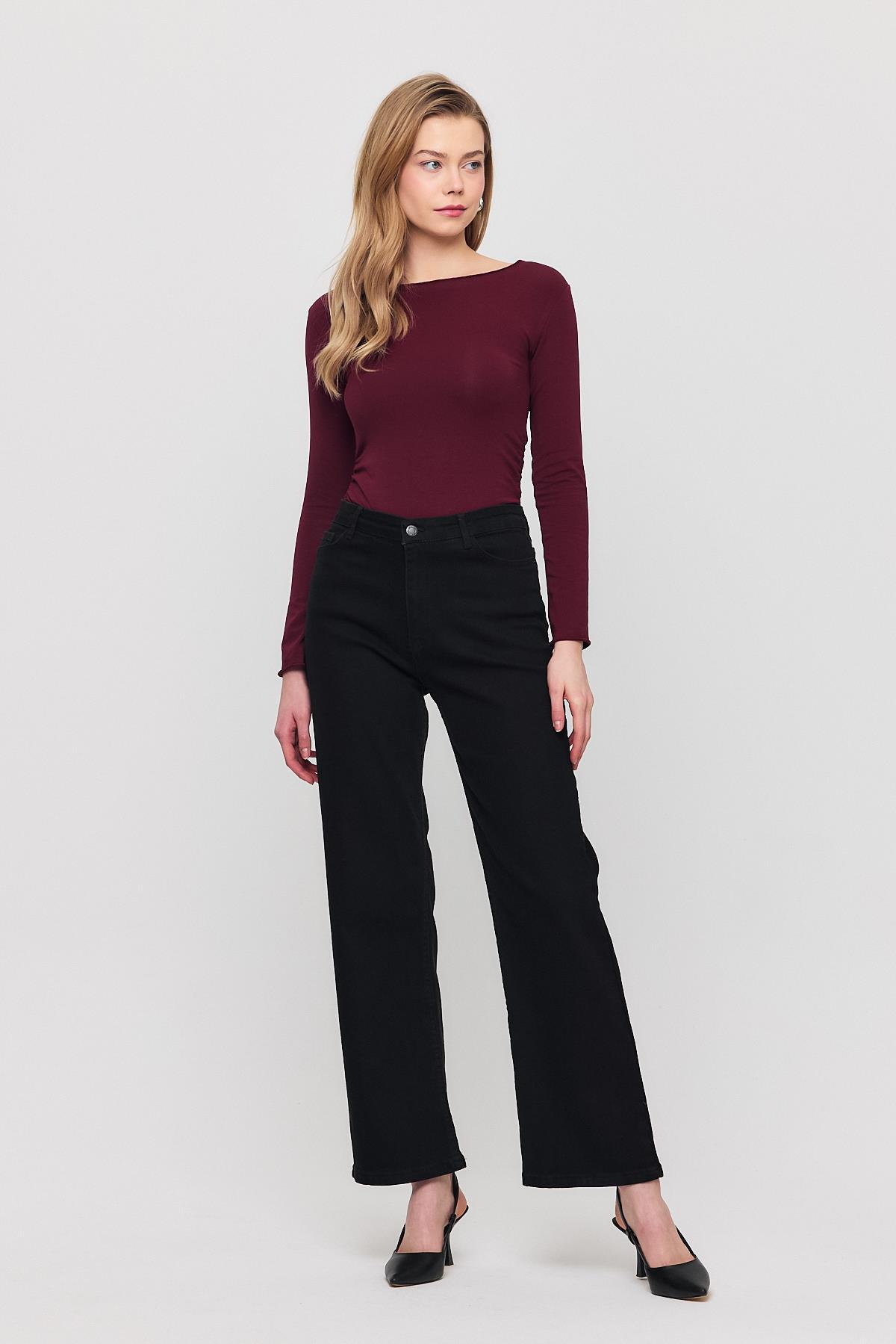 11104 Likralı Bol Paça Pantolon Siyah - 7