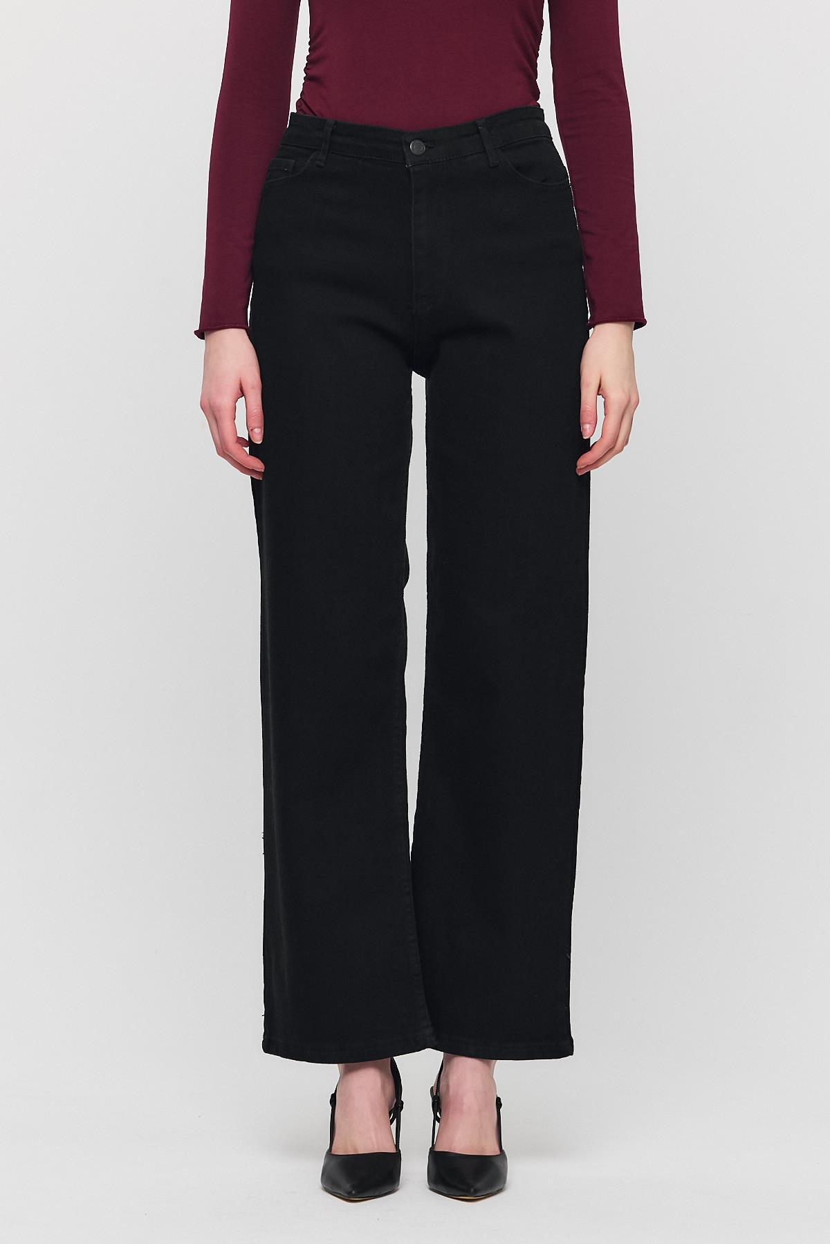 Siyah Likralı Bol Paça Pantolon 11104 - 2