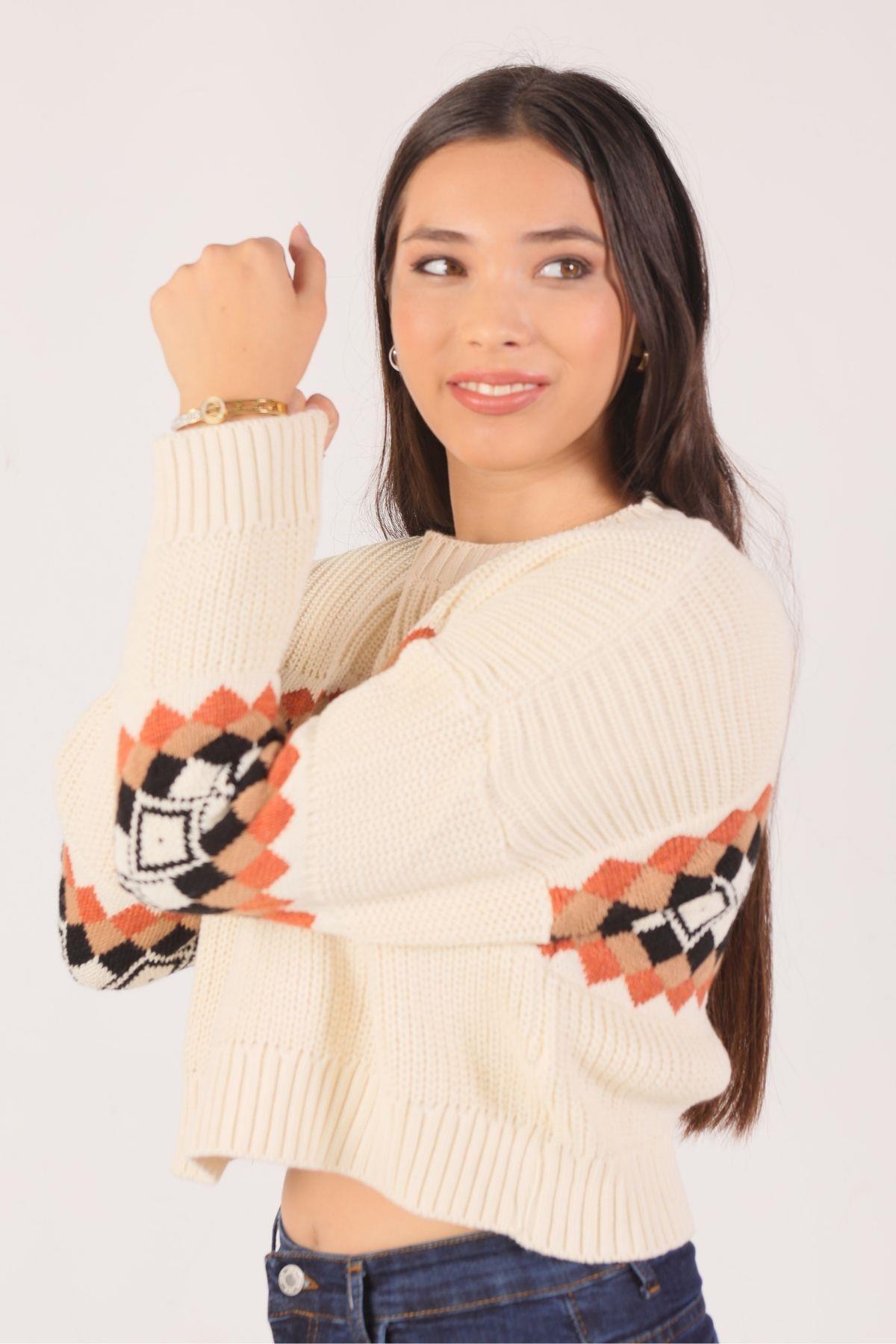 1111 Bisiklet Yaka Kısa Kazak Ekru - 5