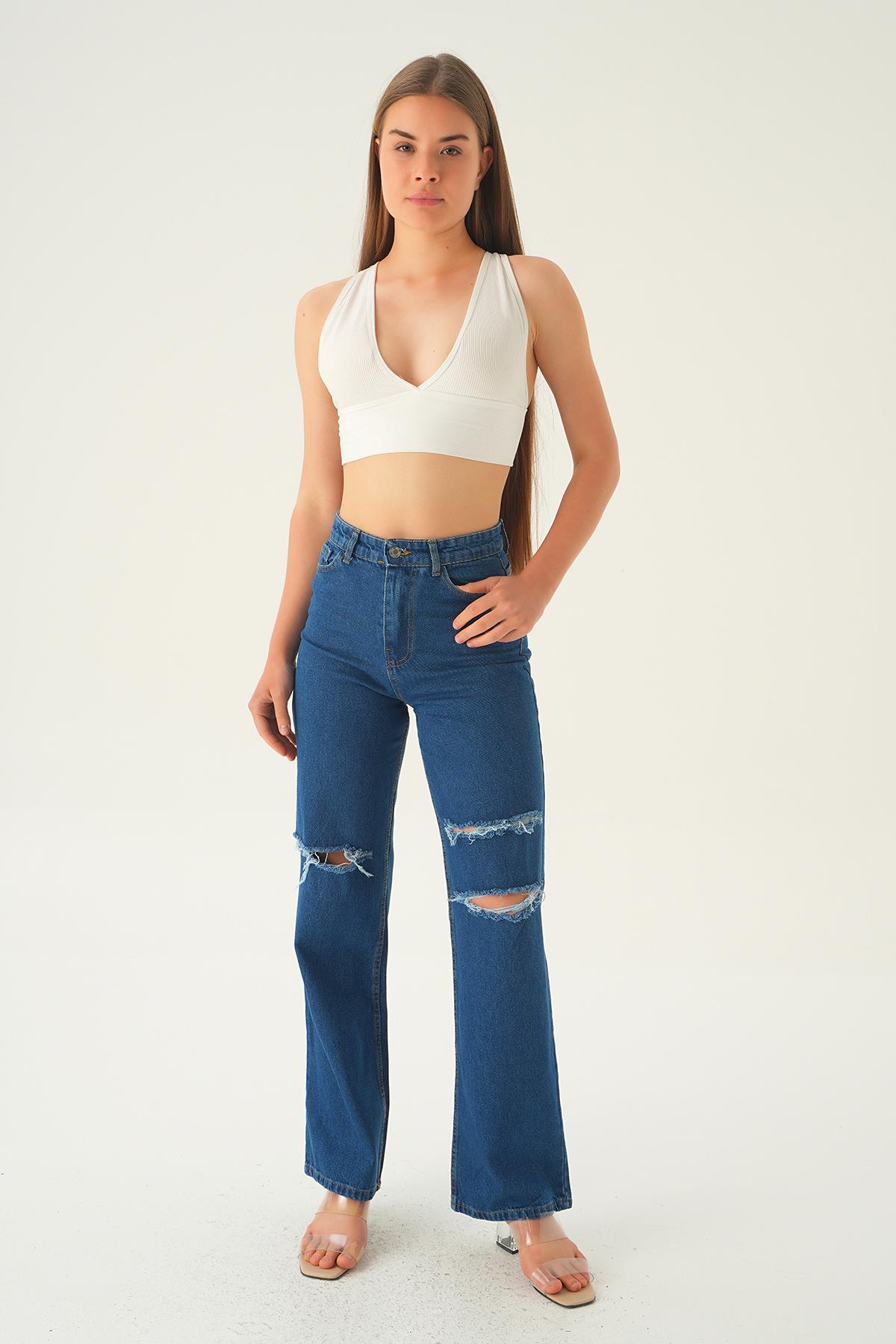 Koyu Mavi Lazerli Palazzo Pantolon 11110 - 1