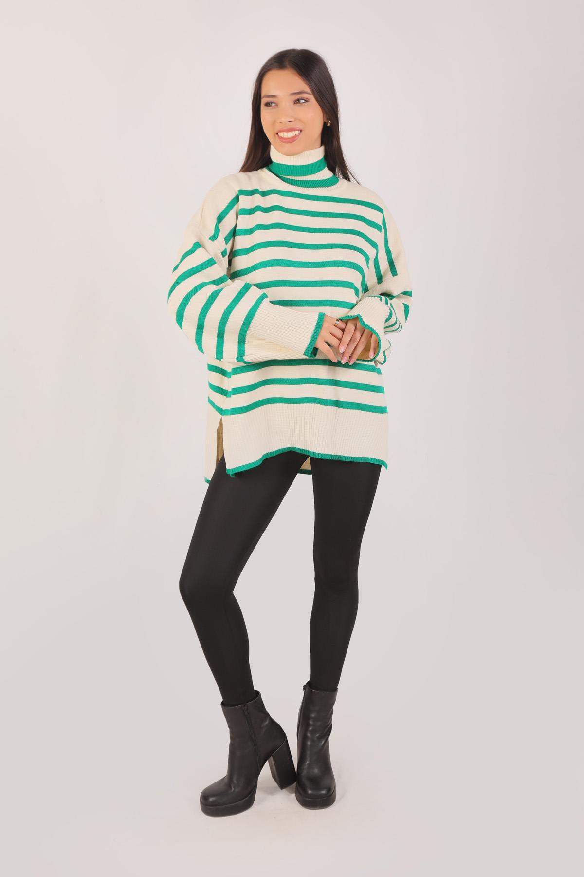 1112 Balıkçı Yaka Çizgili Kazak Benetton Yeşili 