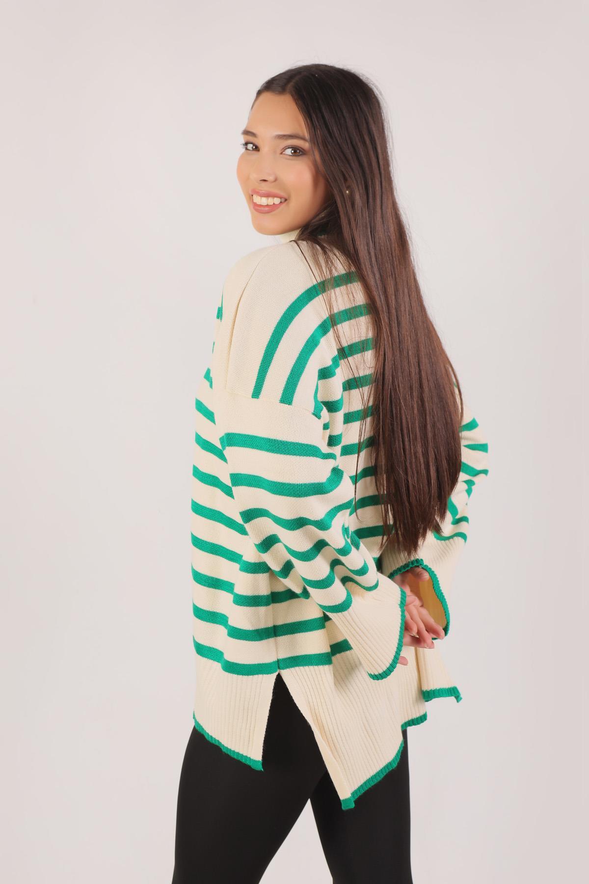 Benetton Yeşili Balıkçı Yaka Çizgili Kazak 1112 - 2