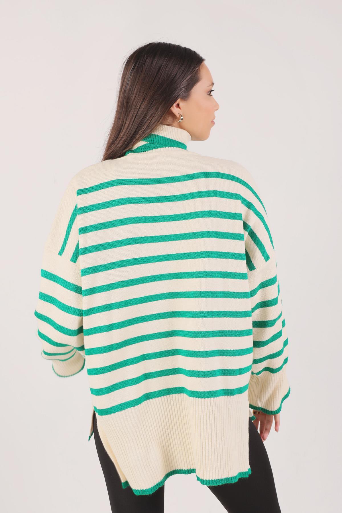 Benetton Yeşili Balıkçı Yaka Çizgili Kazak 1112 - 3