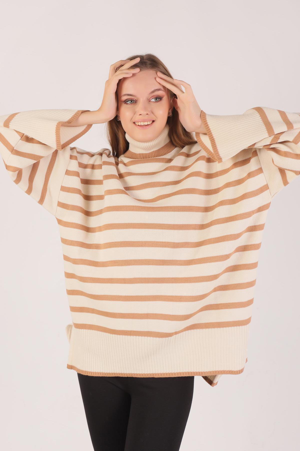 1112 Balıkçı Yaka Çizgili Kazak Bisküvi - 2