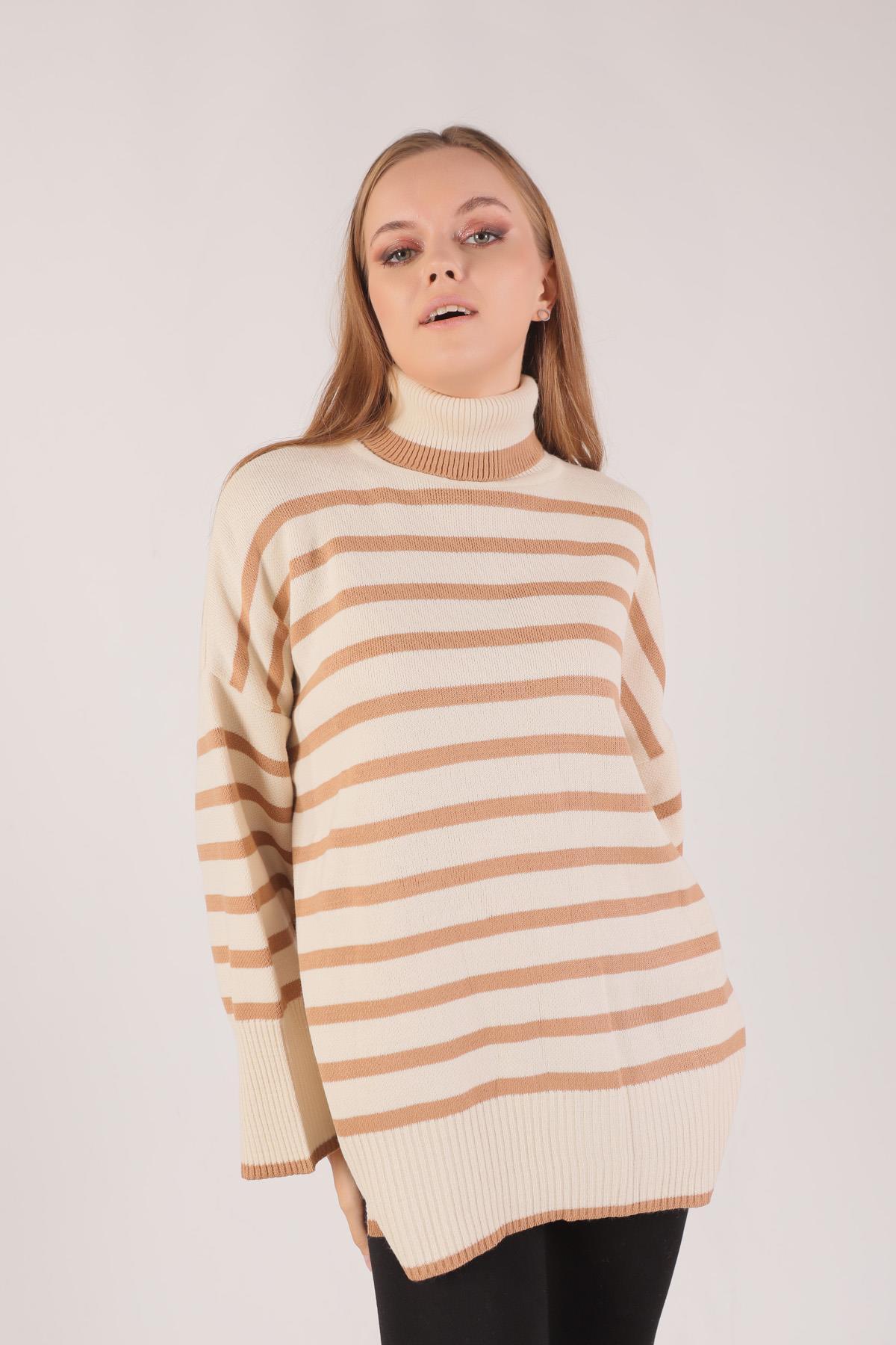 1112 Balıkçı Yaka Çizgili Kazak Bisküvi - 3