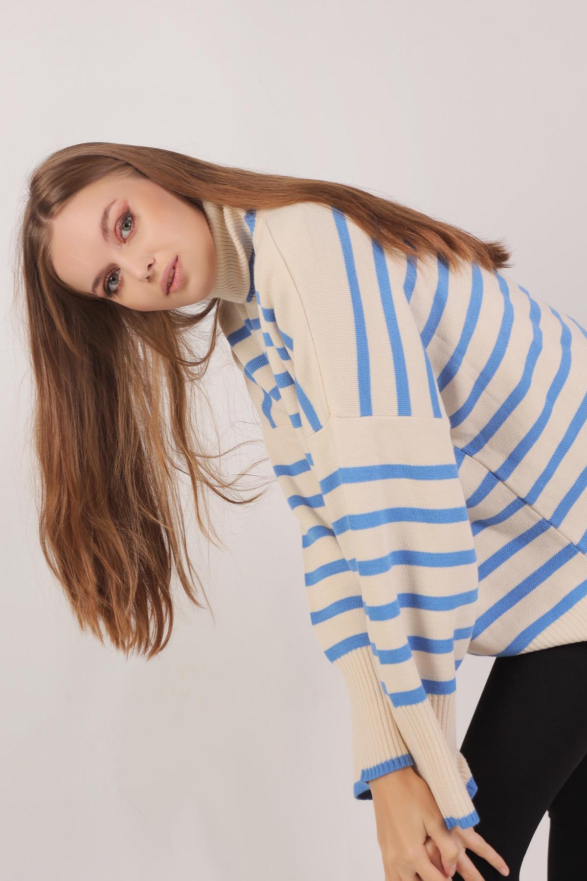 1112 Balıkçı Yaka Çizgili Kazak İndigo - 5