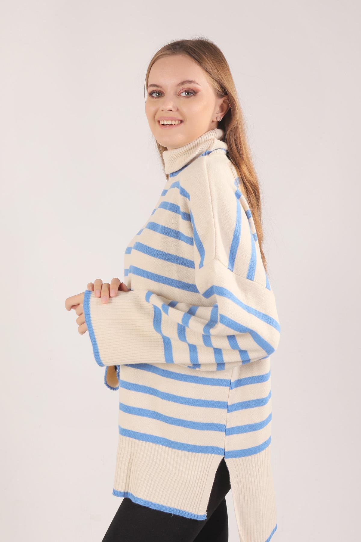 1112 Balıkçı Yaka Çizgili Kazak İndigo - 2