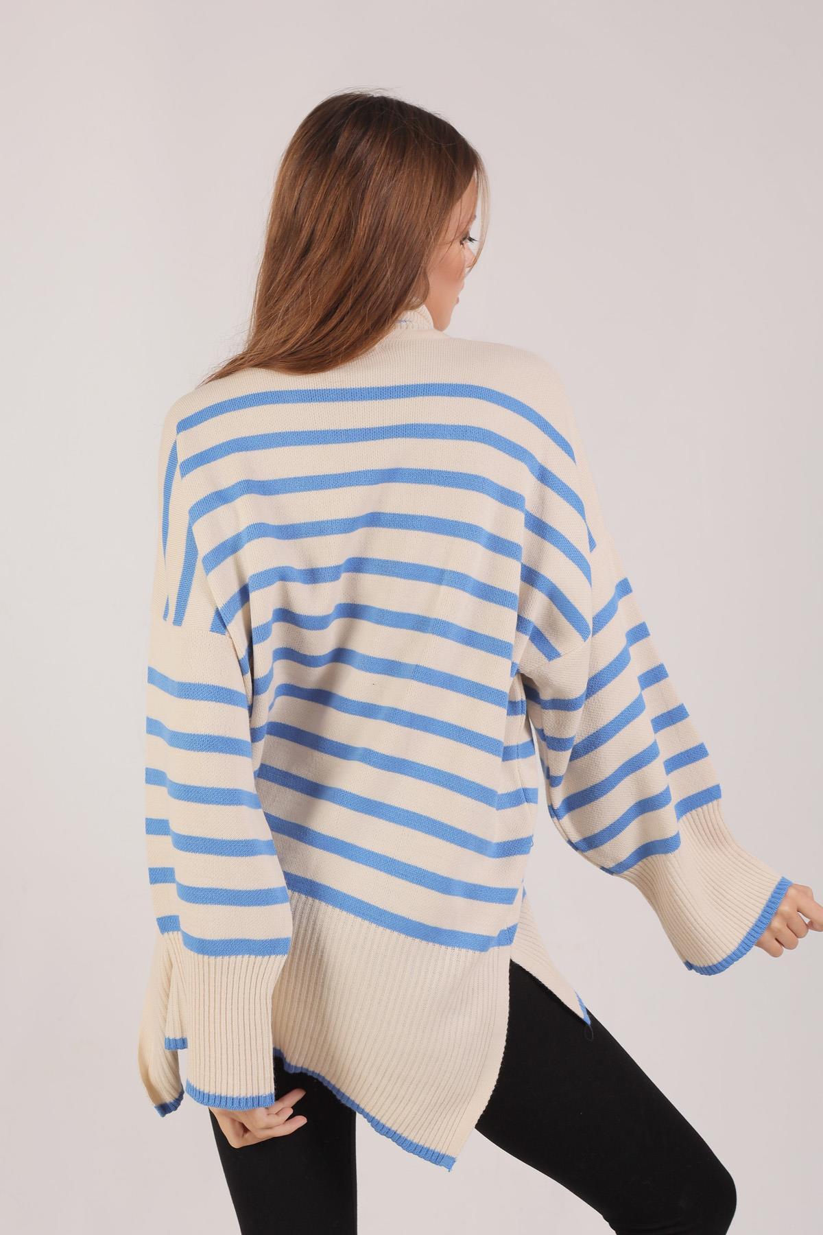 1112 Balıkçı Yaka Çizgili Kazak İndigo - 6