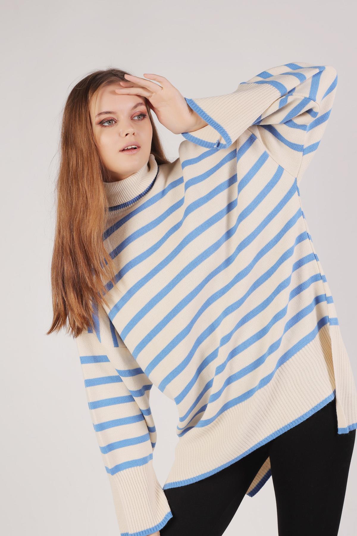 İndigo Balıkçı Yaka Çizgili Kazak 1112 - 1