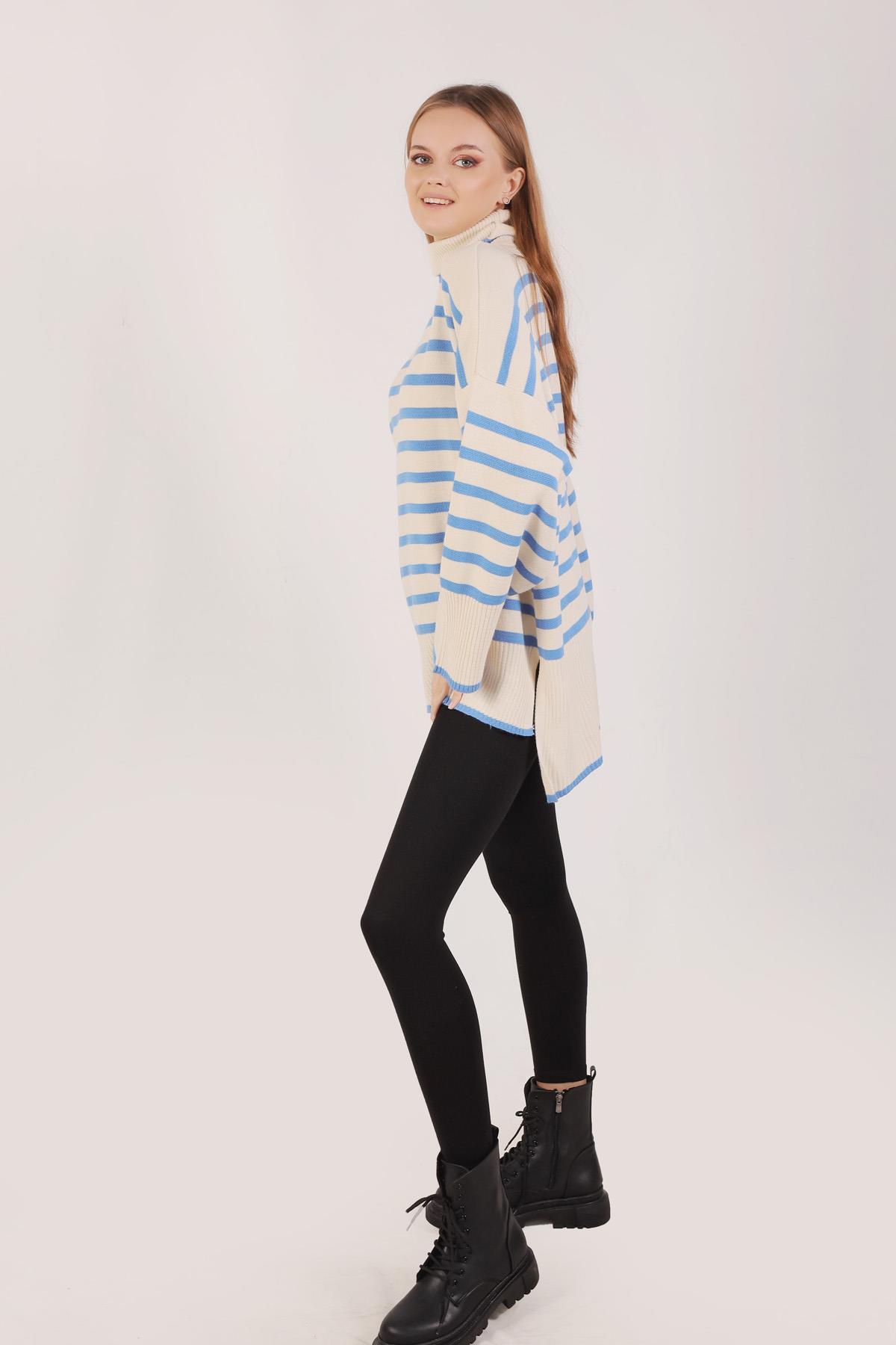 İndigo Balıkçı Yaka Çizgili Kazak 1112 - 3