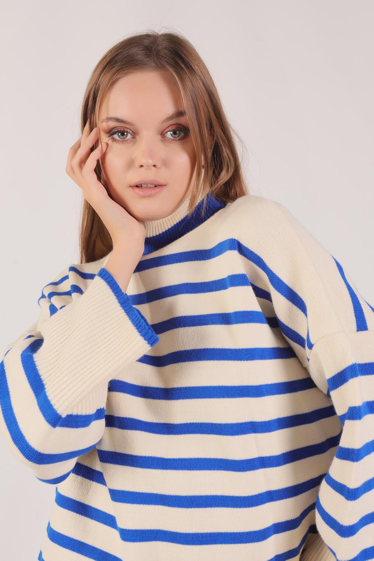 1112 Balıkçı Yaka Çizgili Kazak Saks - 3