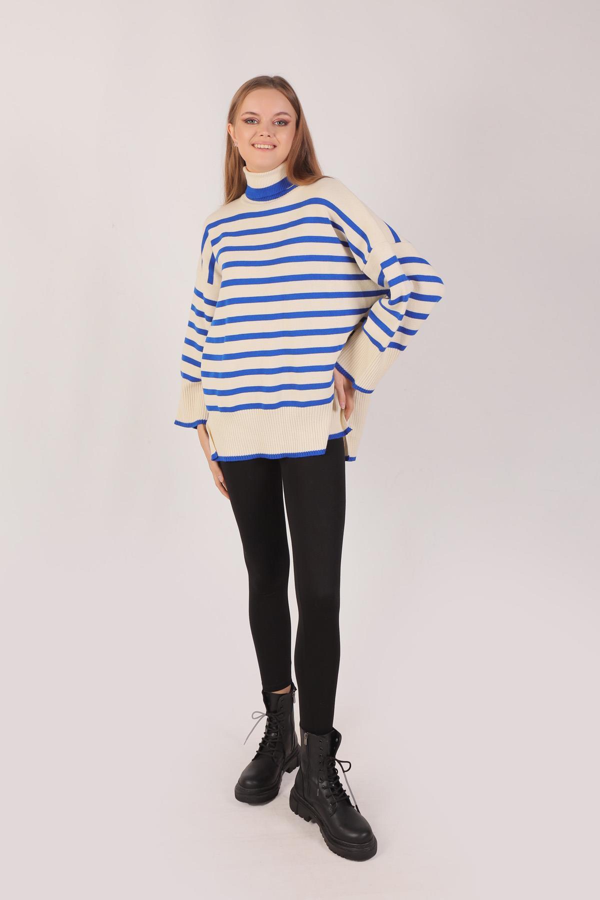 Saks Balıkçı Yaka Çizgili Kazak 1112 