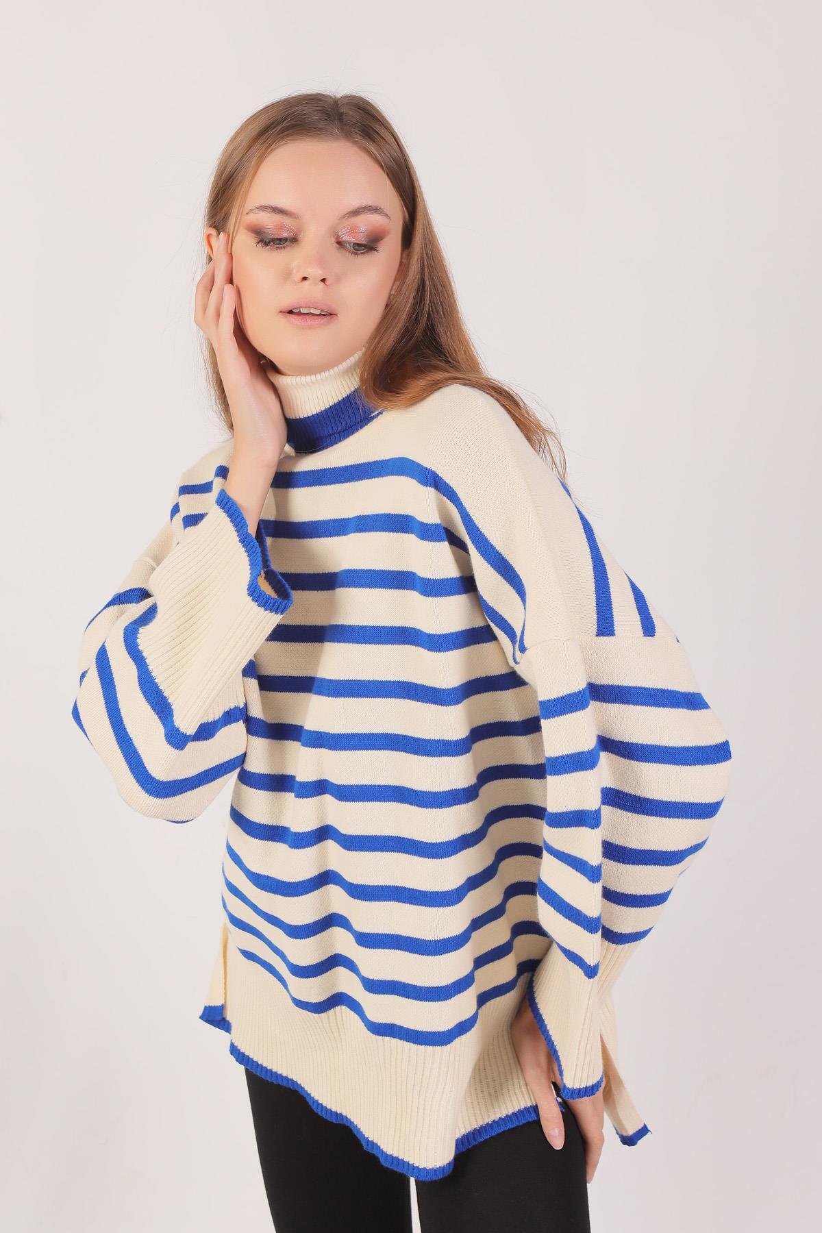 Saks Balıkçı Yaka Çizgili Kazak 1112 - 2