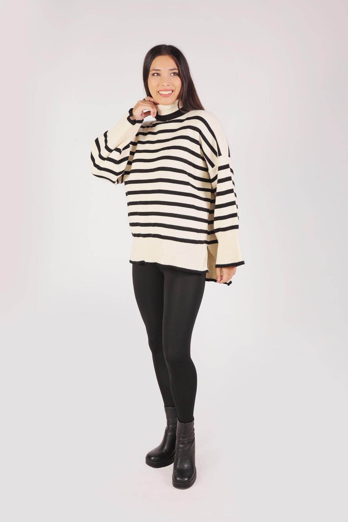 1112 Balıkçı Yaka Çizgili Kazak Siyah - 2