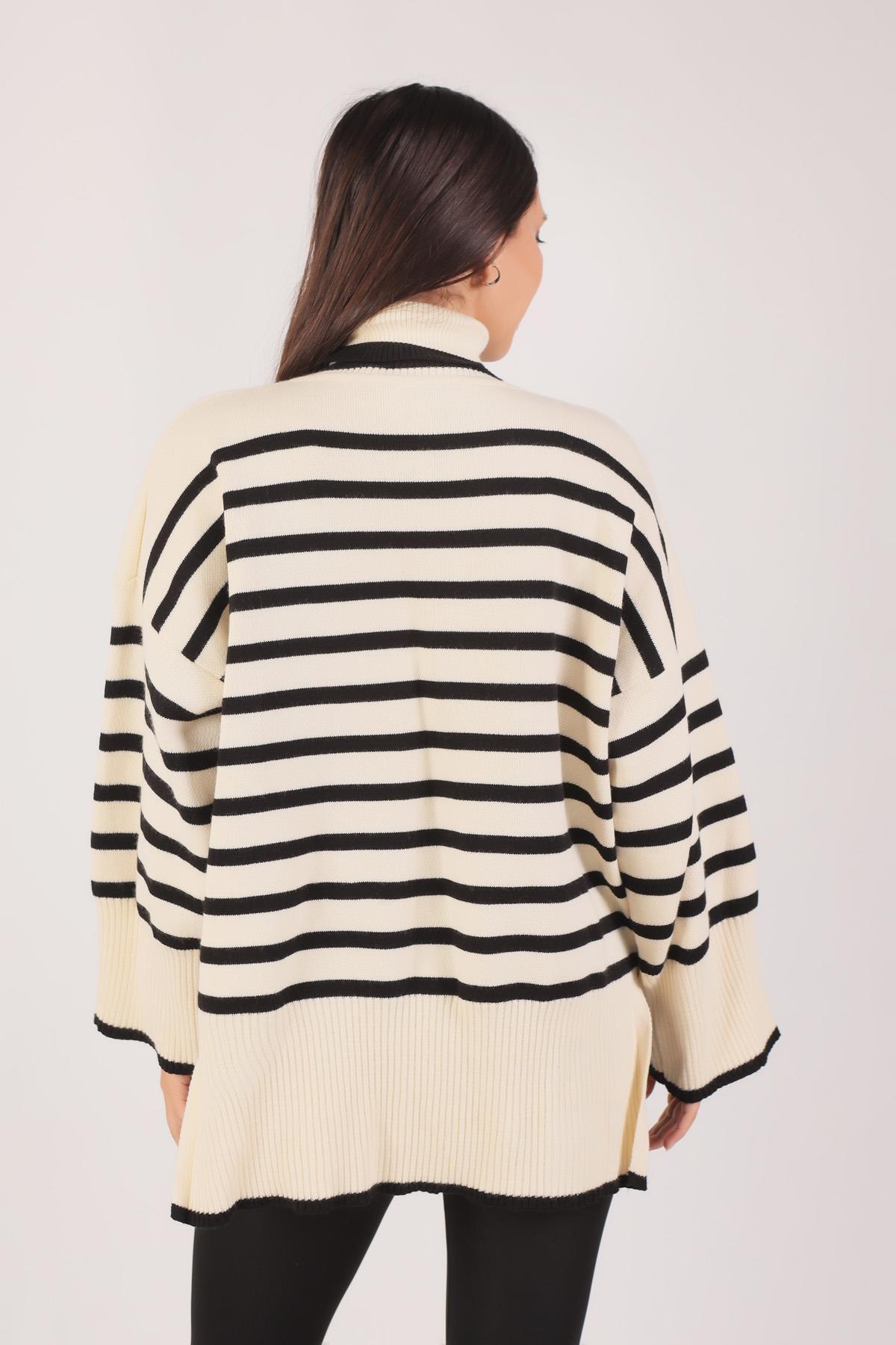 1112 Balıkçı Yaka Çizgili Kazak Siyah - 3