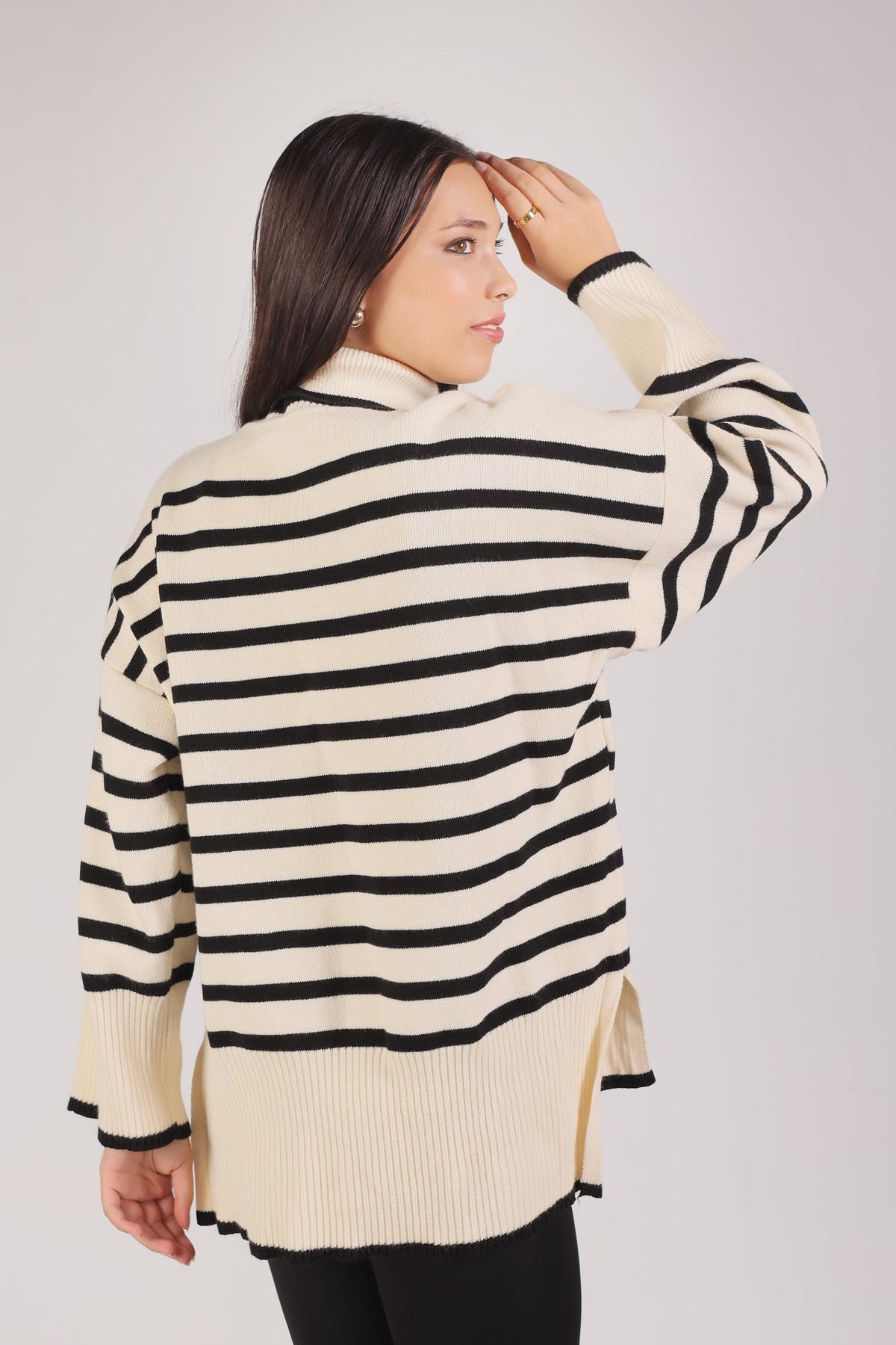 1112 Balıkçı Yaka Çizgili Kazak Siyah - 4