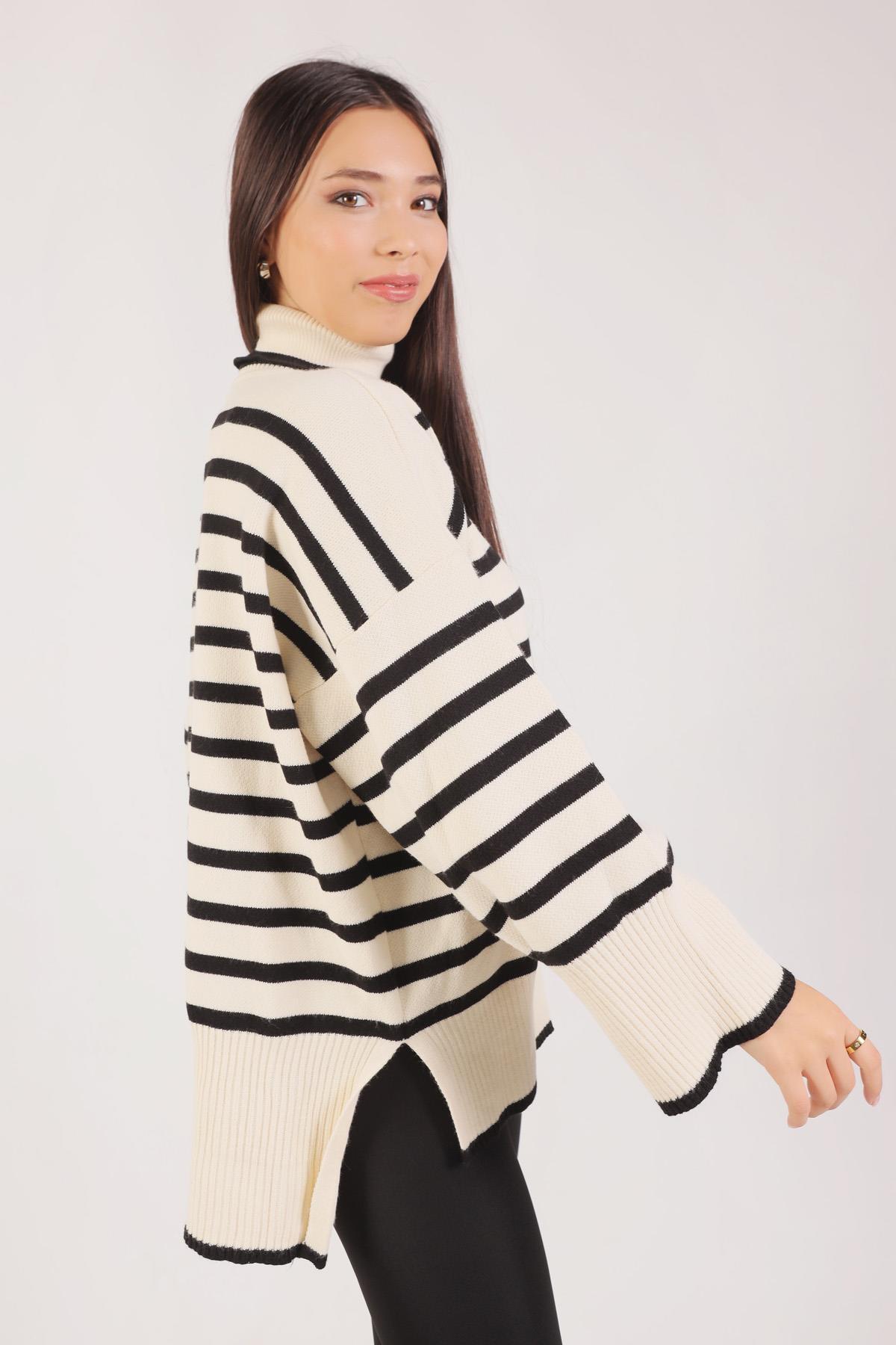 1112 Balıkçı Yaka Çizgili Kazak Siyah - 5