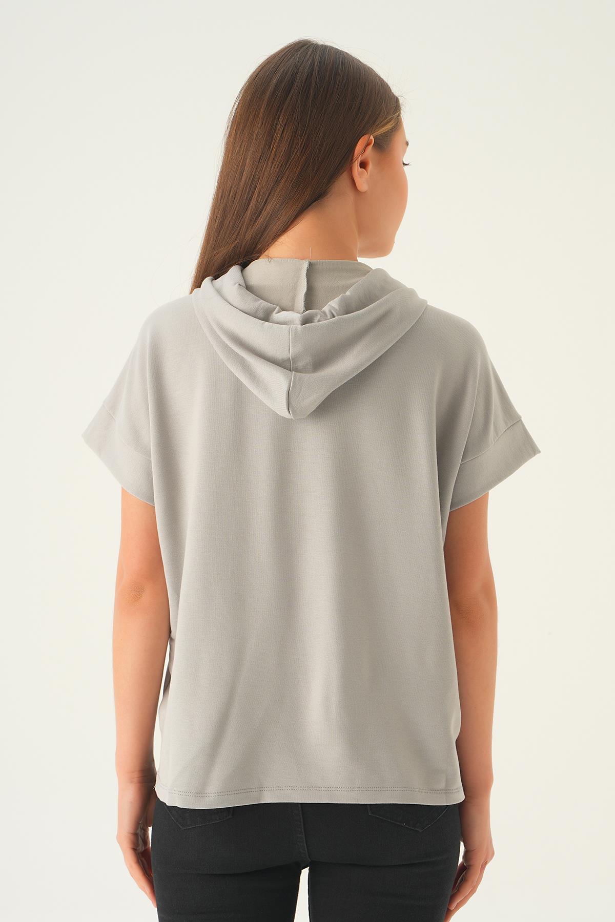1112 Kapüşonlu Kısa Kol Tişört Gri - 5