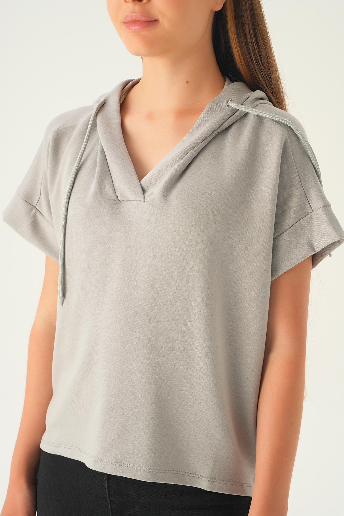 1112 Kapüşonlu Kısa Kol Tişört Gri - 6