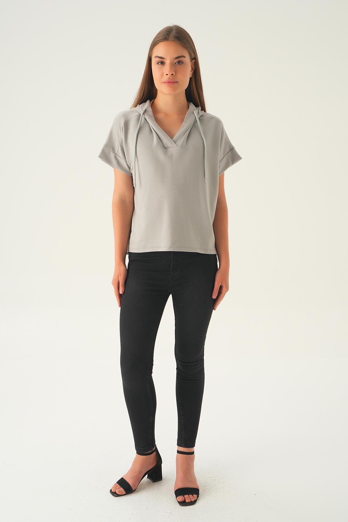 1112 Kapüşonlu Kısa Kol Tişört Gri - 2