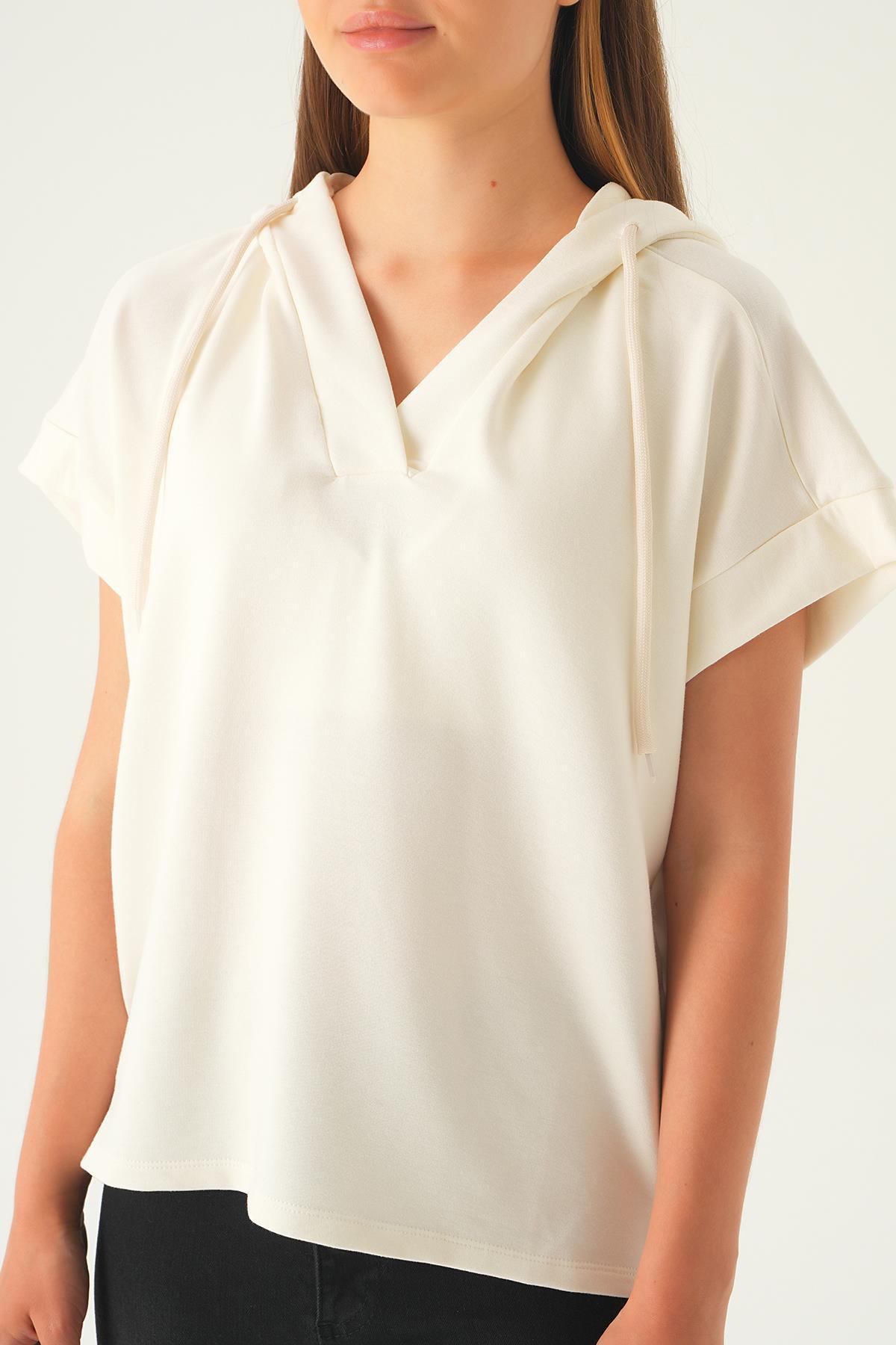 1112 Kapüşonlu Kısa Kol Tişört Krem - 6