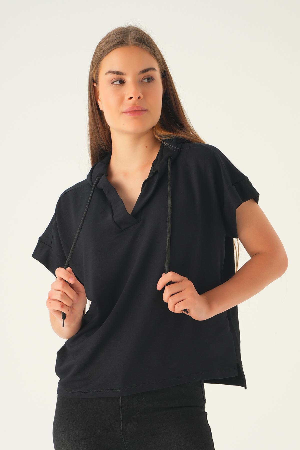 1112 Kapüşonlu Kısa Kol Tişört Siyah - 4