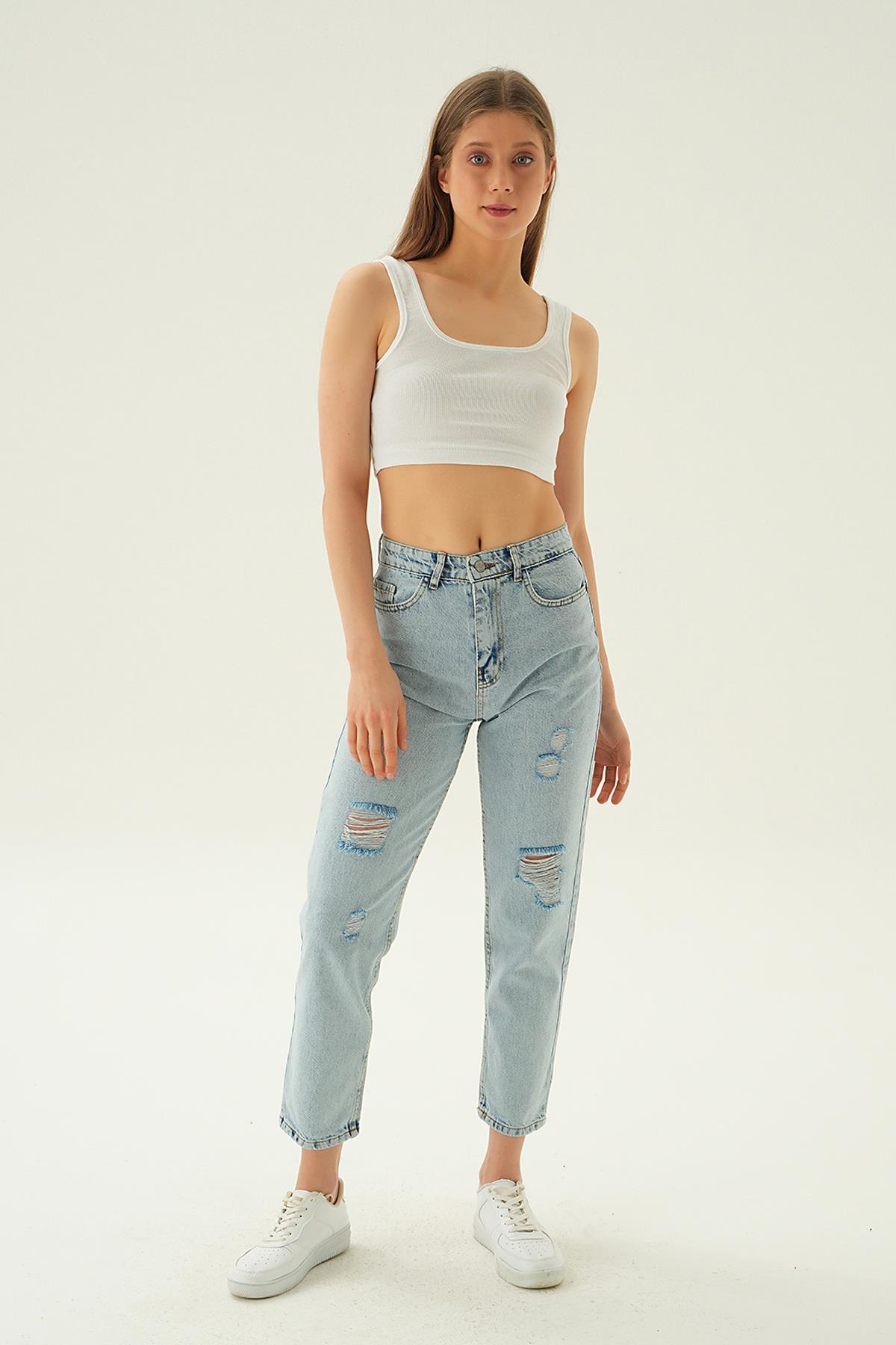 Yırtık Detaylı Mom Jean 11123 Buz 