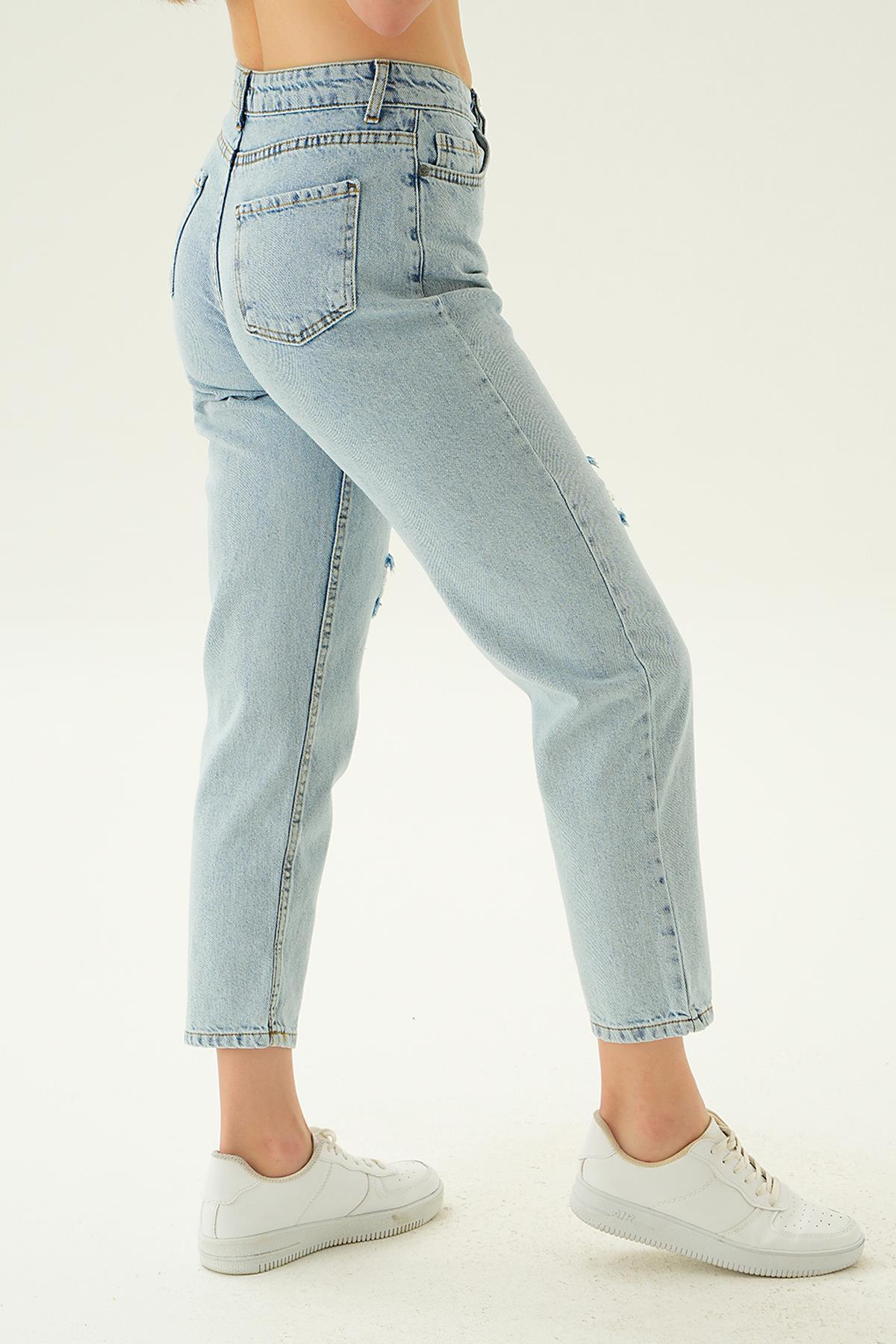 Yırtık Detaylı Mom Jean 11123 Buz - 4