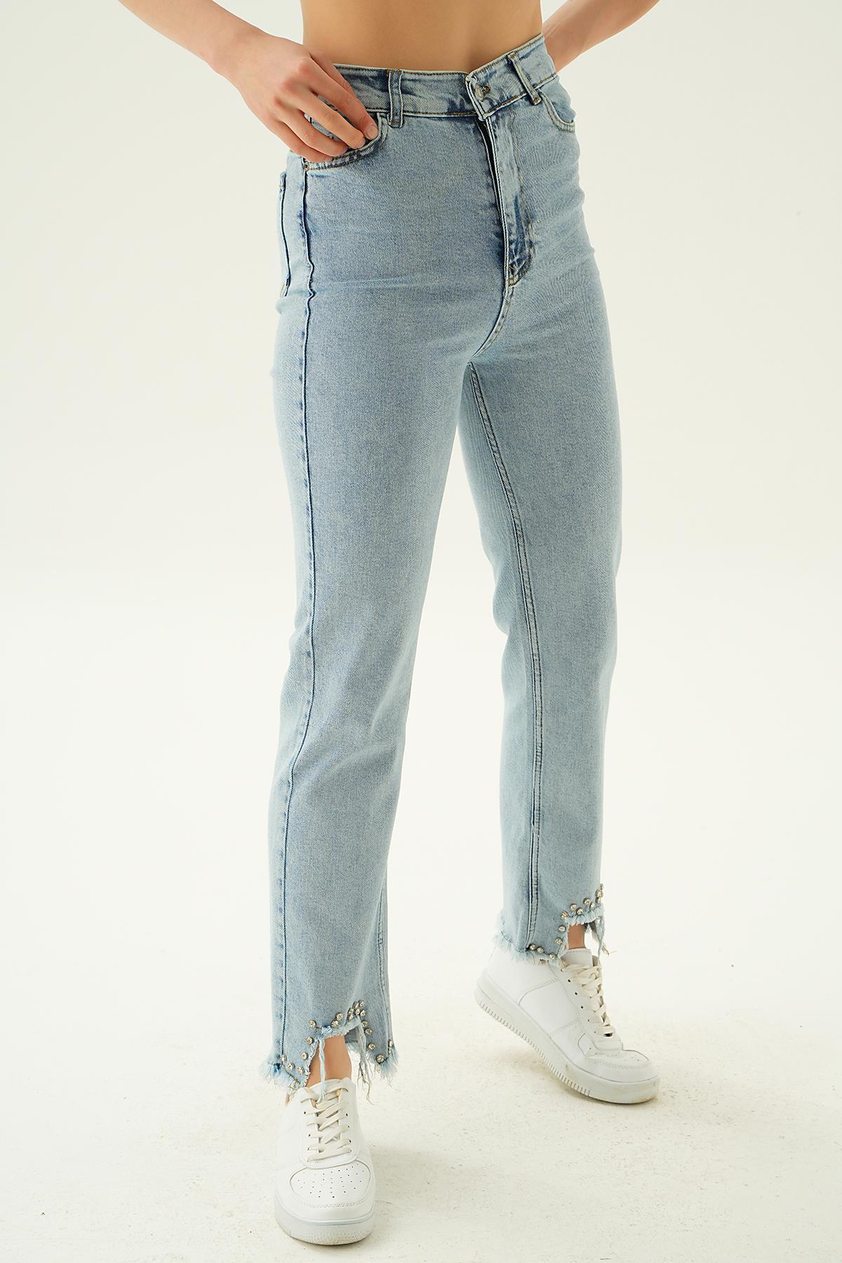 11128 Taş Detay Püsküllü Jean Kar Yıkama - RAYS