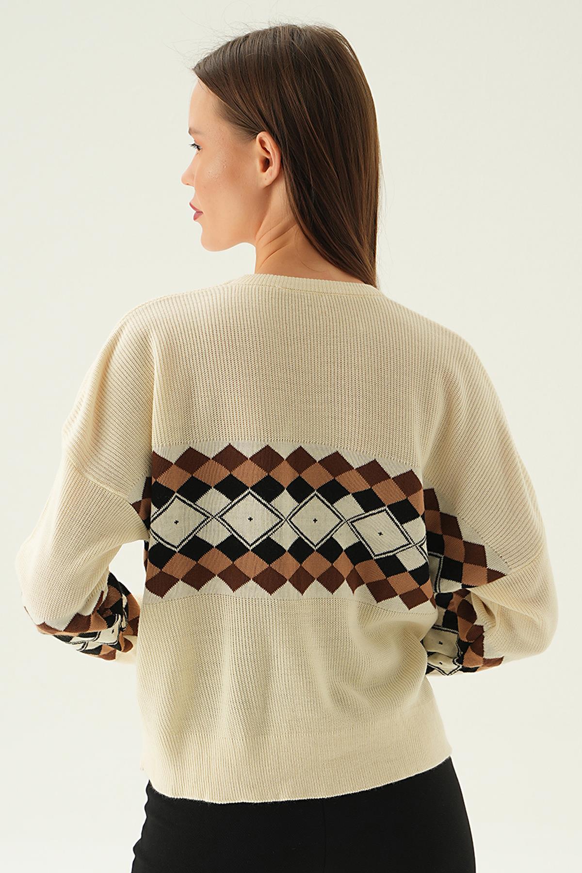 1333 Desenli Bisiklet Yaka Kazak Bej - 5