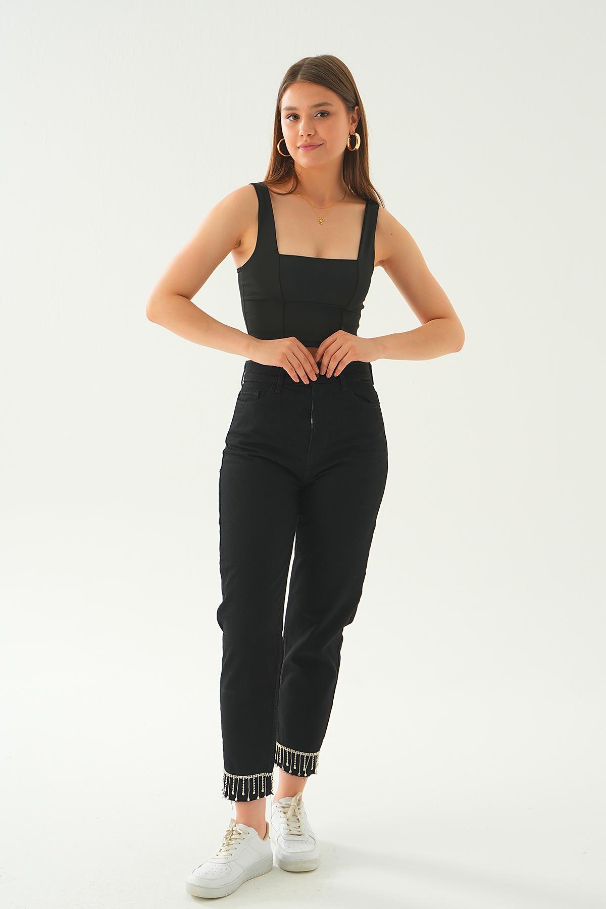 Siyah Paça Taş Detay Jean 11131 