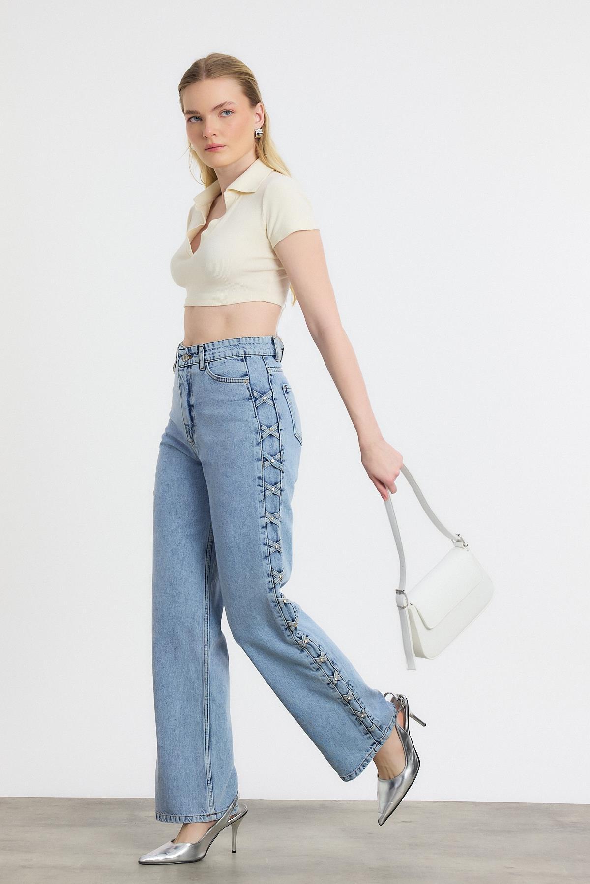 Buzkar Yanı Çapraz Köprülü Taşlı Jean 11139 - 1