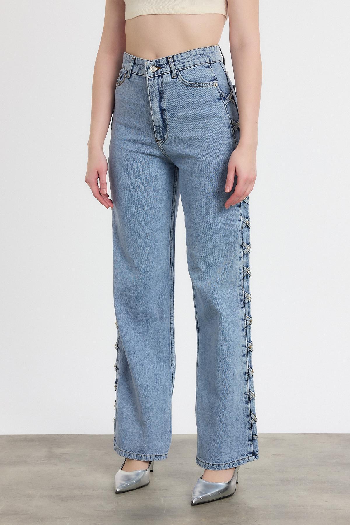 Buzkar Yanı Çapraz Köprülü Taşlı Jean 11139 - 2