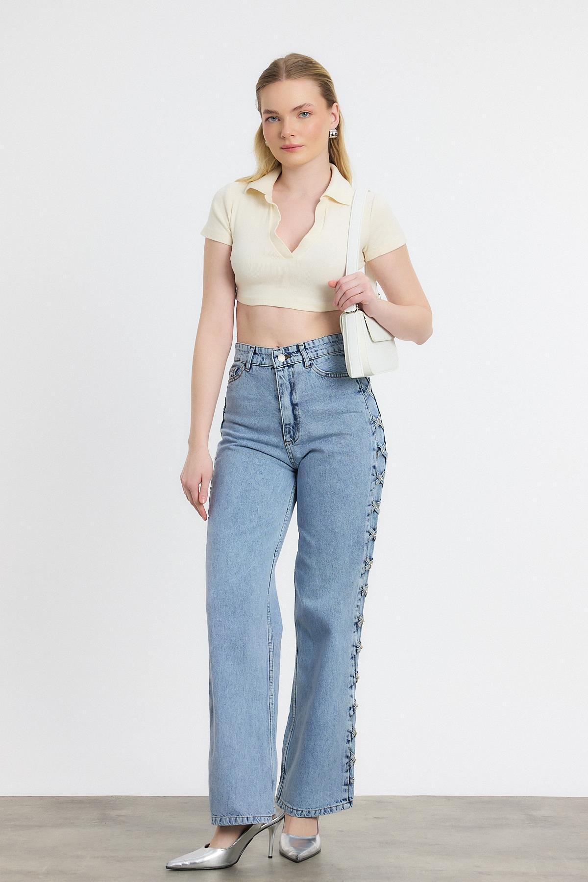 Buzkar Yanı Çapraz Köprülü Taşlı Jean 11139 - 7