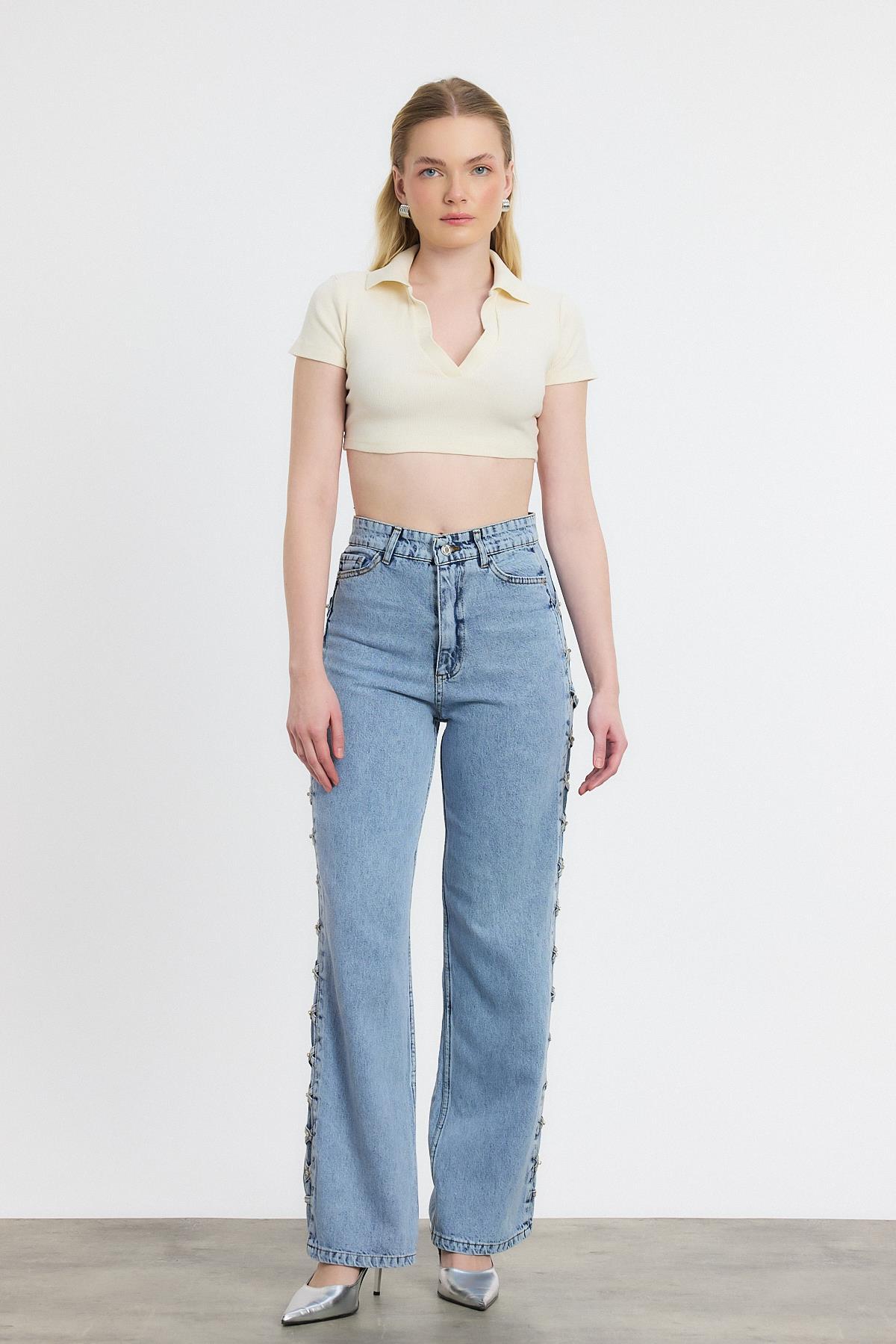 Buzkar Yanı Çapraz Köprülü Taşlı Jean 11139 - 8