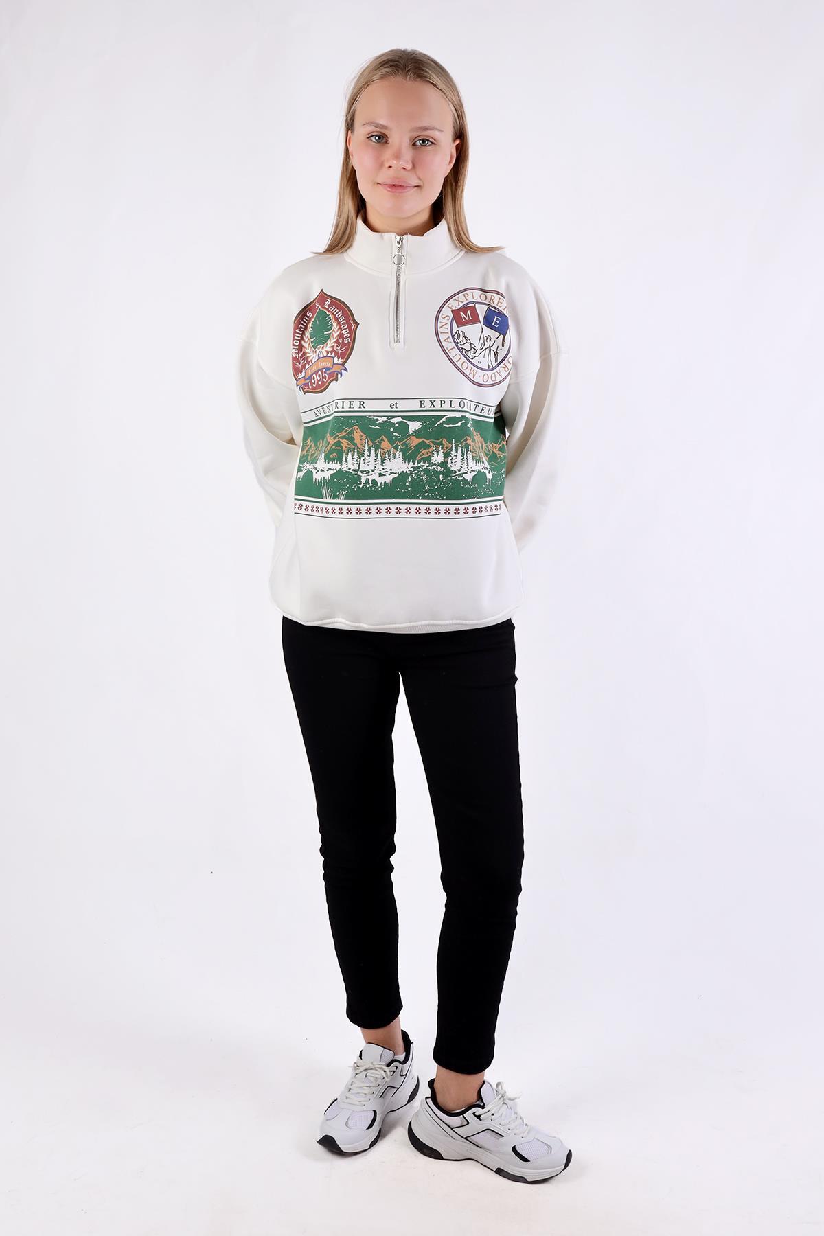 Baskılı Fermuarlı Sweat 1118 Ekru - RAYS