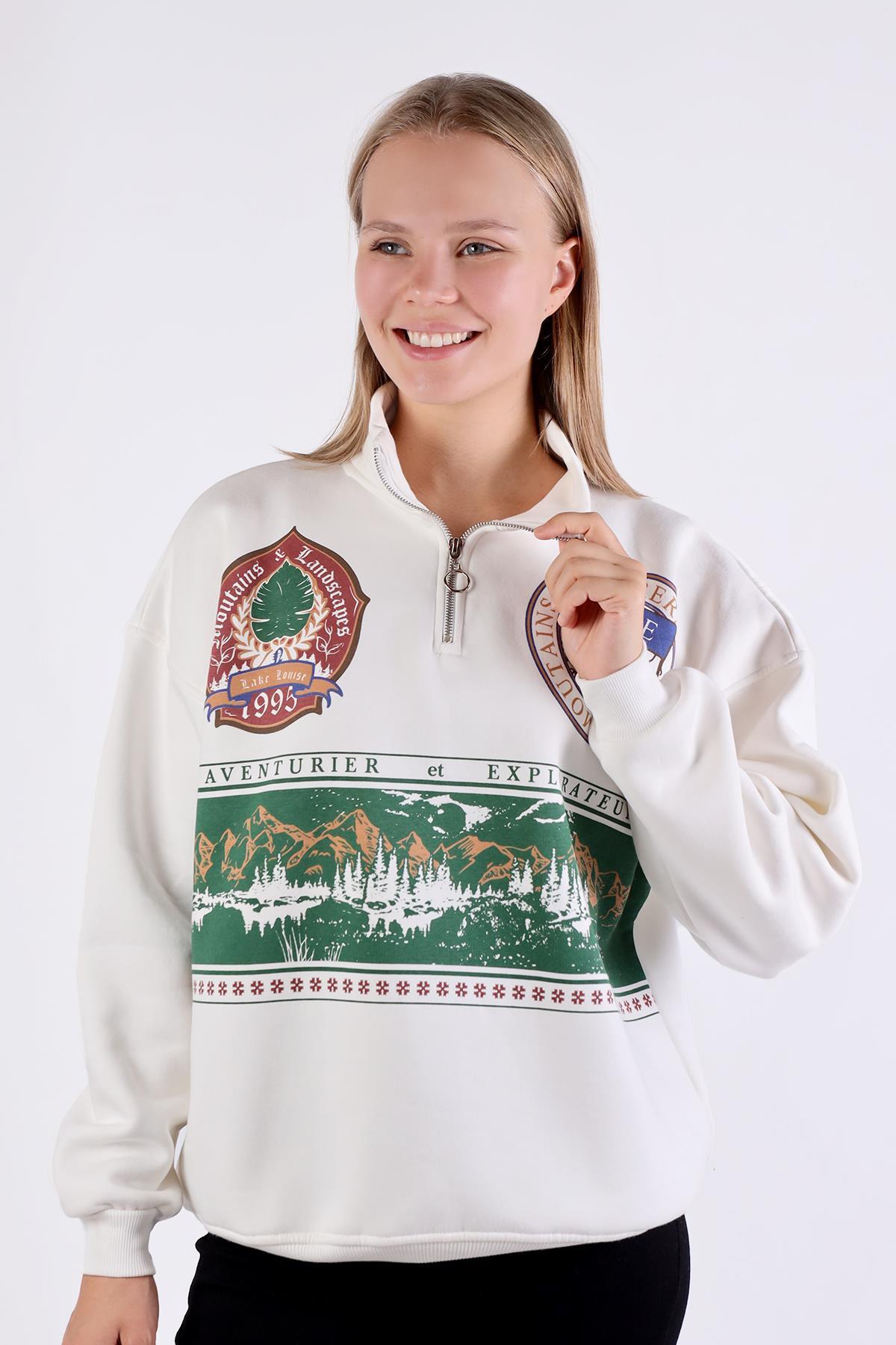 Baskılı Fermuarlı Sweat 1118 Ekru - 3