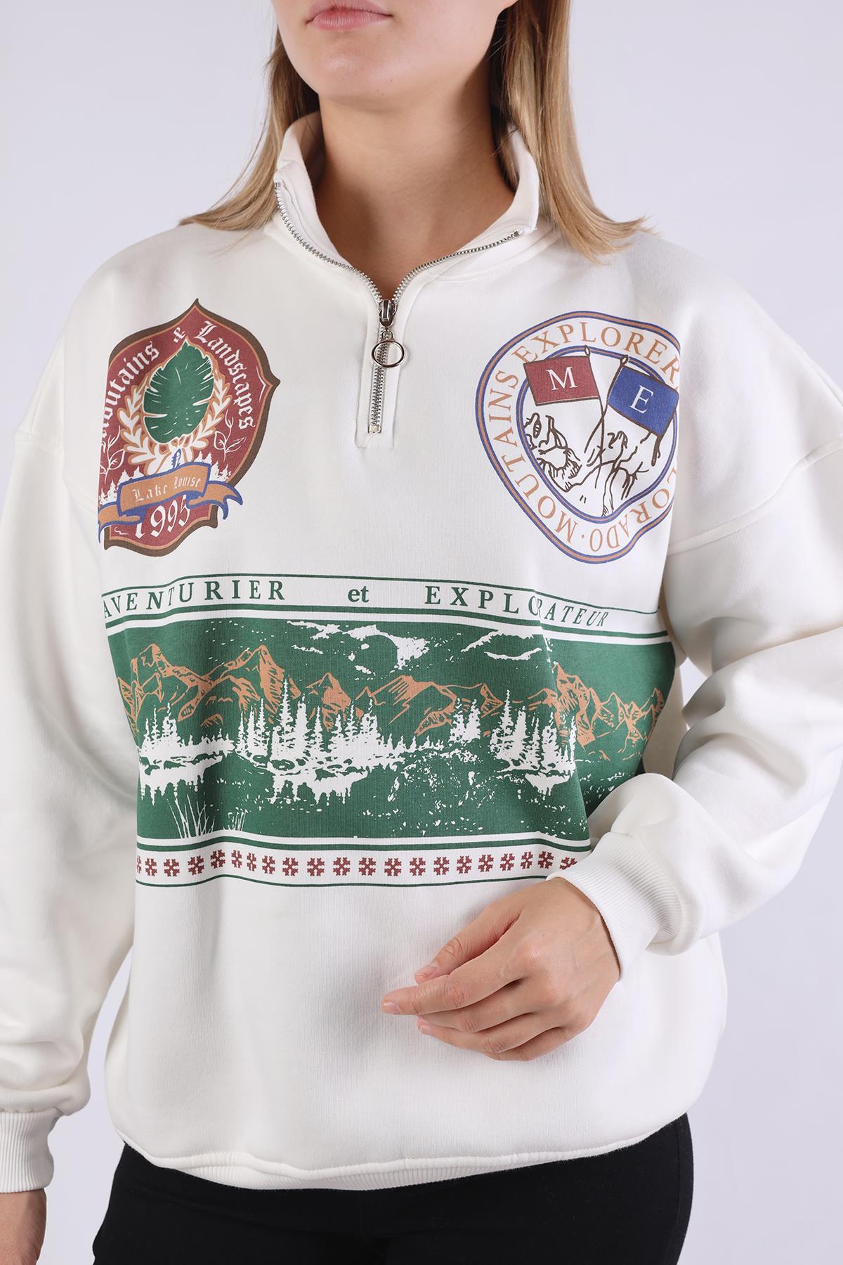 Baskılı Fermuarlı Sweat 1118 Ekru - RAYS