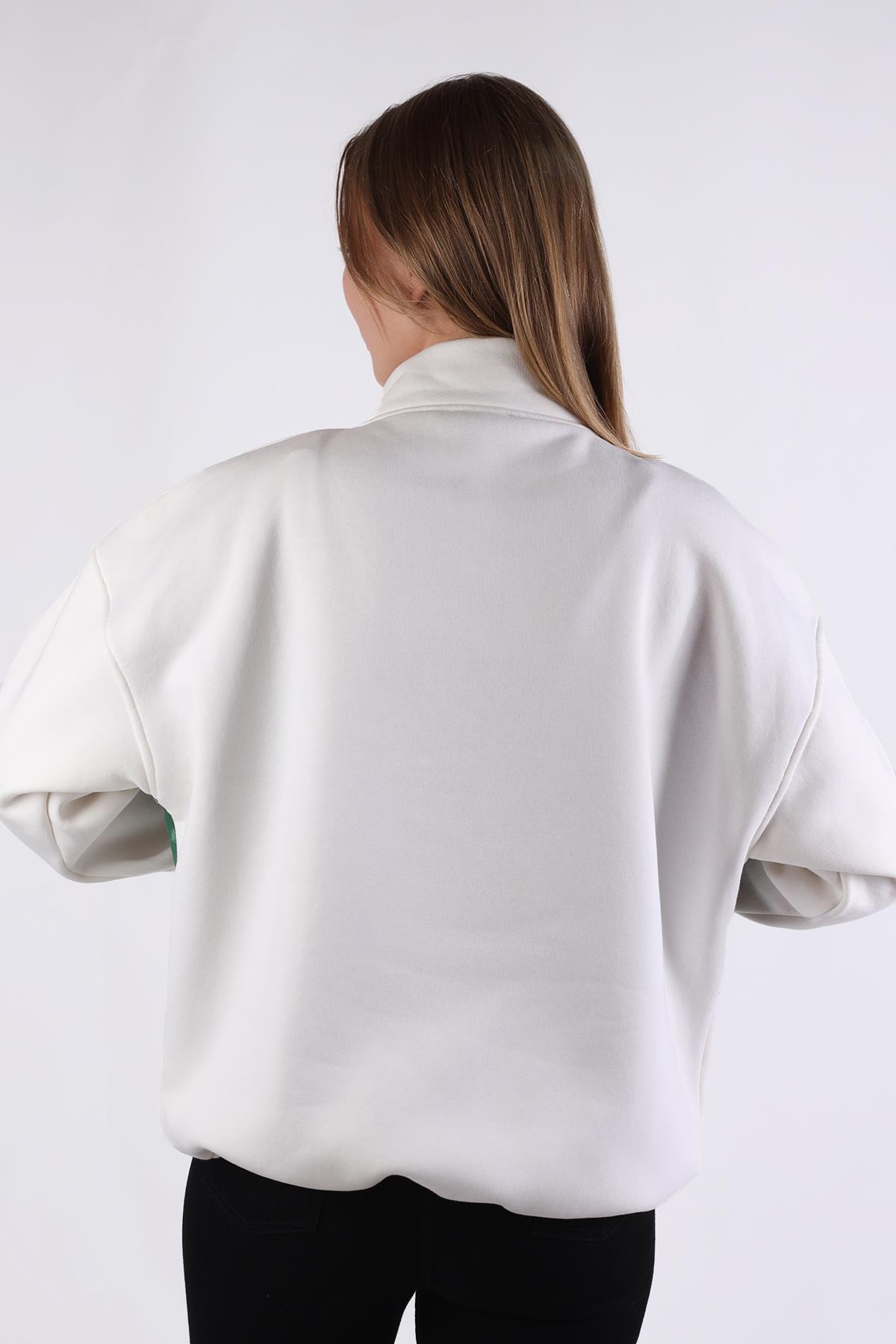 Baskılı Fermuarlı Sweat 1118 Ekru - 5