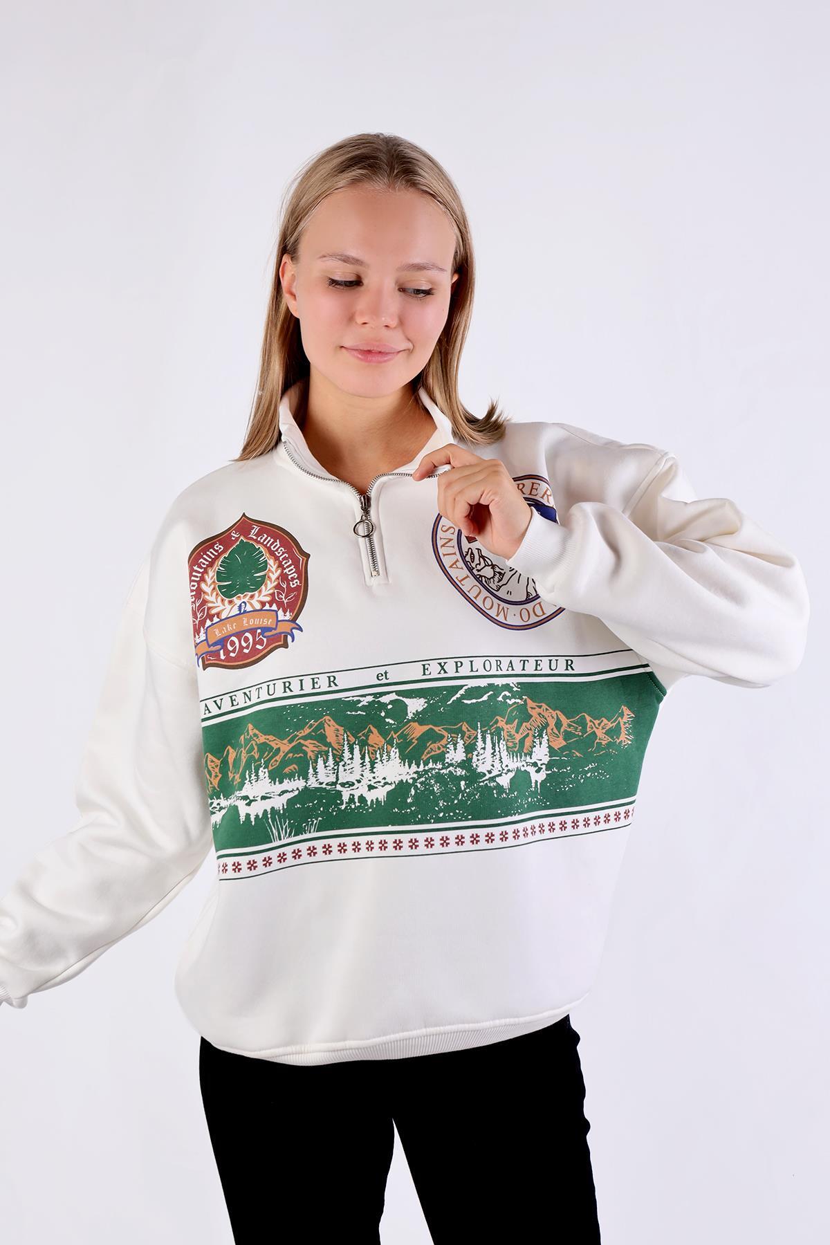 Baskılı Fermuarlı Sweat 1118 Ekru - 6