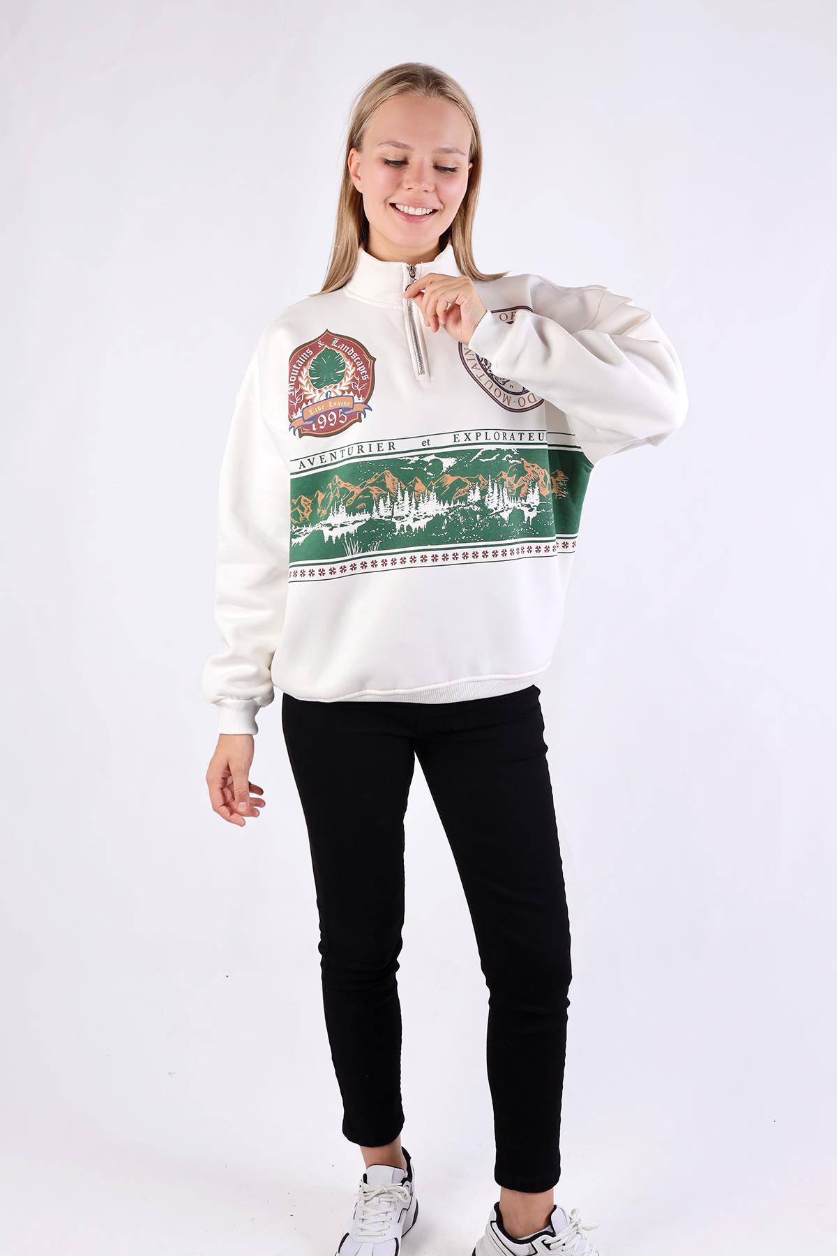 Baskılı Fermuarlı Sweat 1118 Ekru - 7