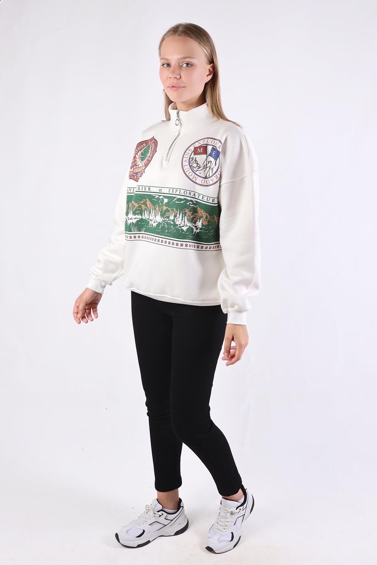 Baskılı Fermuarlı Sweat 1118 Ekru - 8